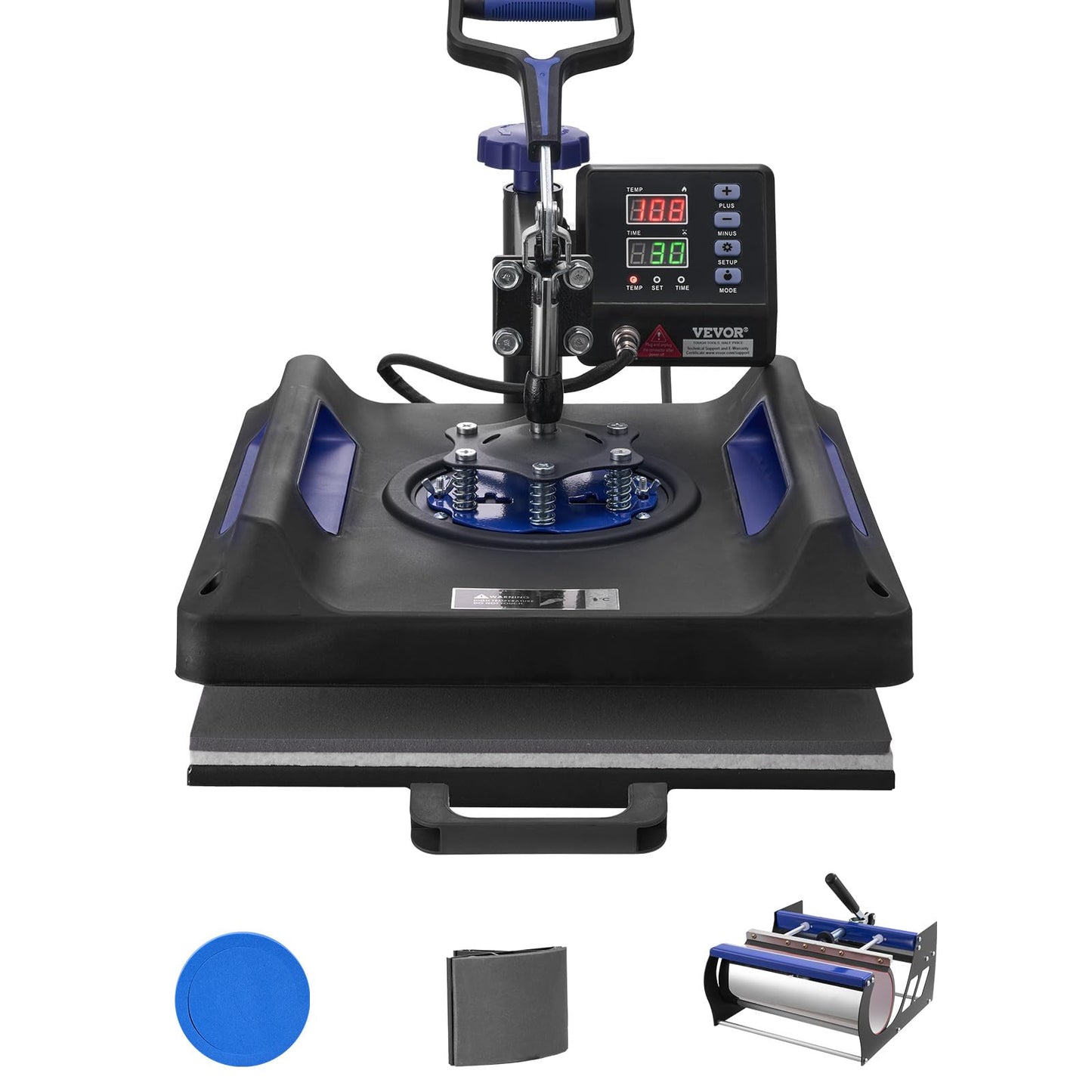 VEVOR 5 in 1 Heat Press Machine, Heat Transfer Machine with 30 oz Tumbler Press, 15 x 15 inch, 360° Swing Away T-Shirt Pressing, Fast Even Heating, for T-Shirts/Mugs/Plates/Hats, Black+Blue