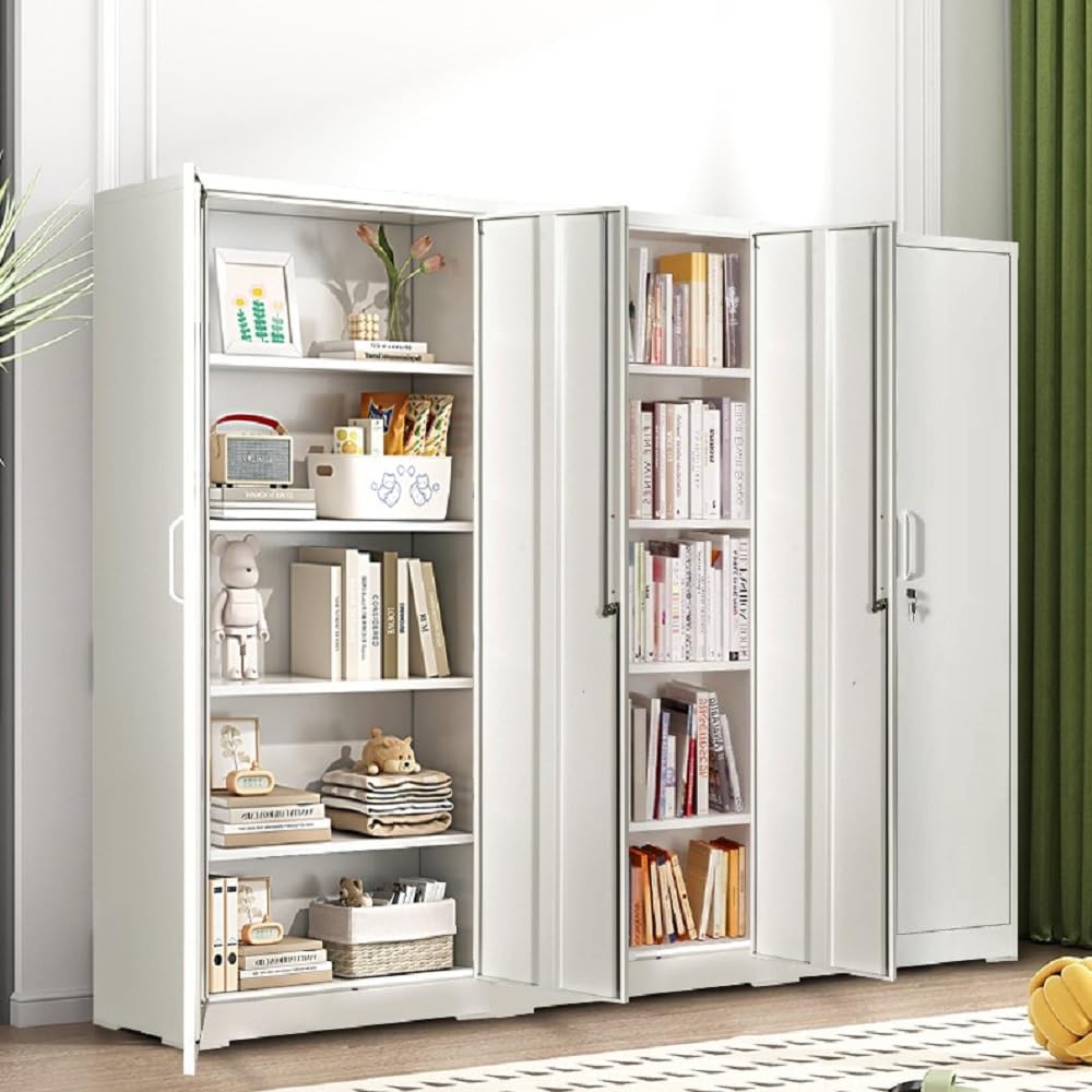 GDFStudio Ironclad 71" Metal Storage Cabinet with Locking Doors & 4 Adjustable Shelves, Heavy-Duty Steel File Cabinet Garage Storage Cabinet Metal Shelving for Office Warehouse Home School, White