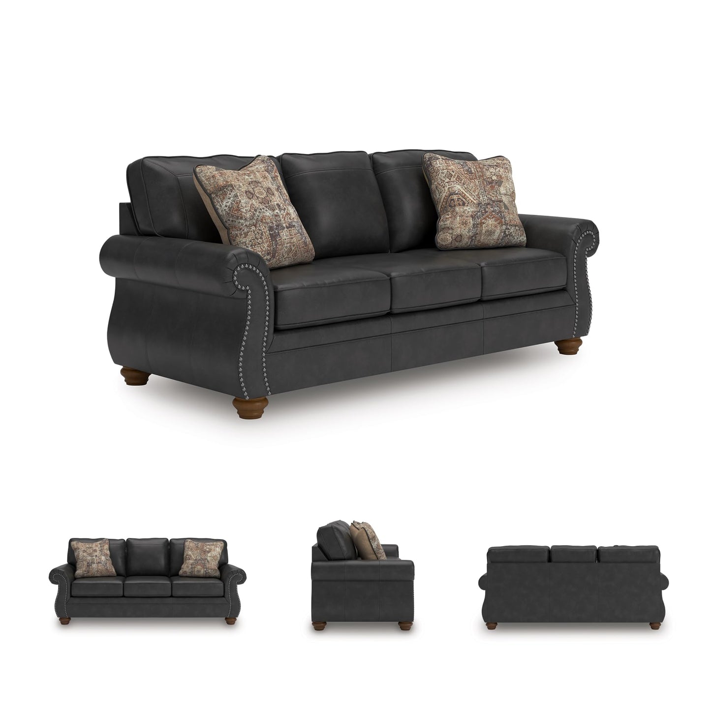Signature Design by Ashley Shadsburne Rustic Faux Leather Sofa with Nailhead Trim and 2 Chenille Throw Pillows, Pillows with Soft Polyfill, Reinforced Frame for Added Stability, Black
