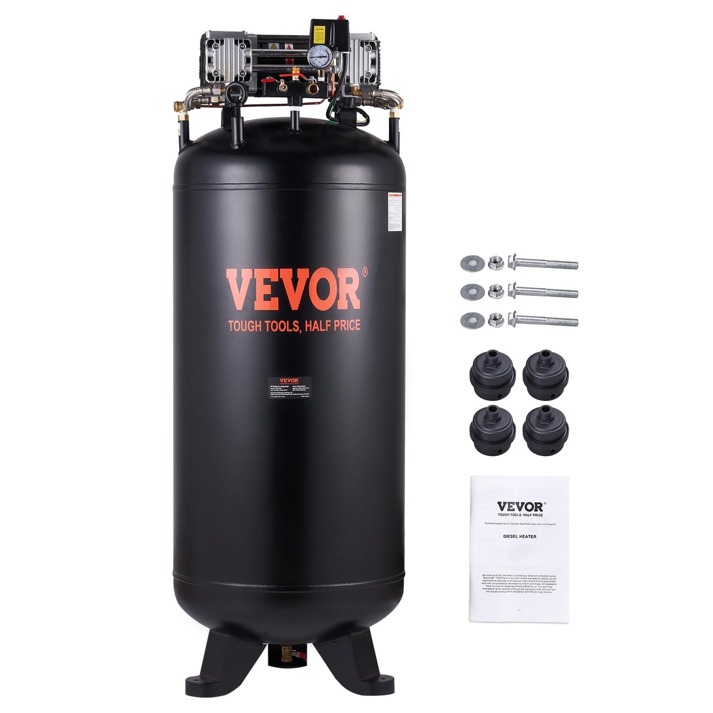 VEVOR 80 Gallons Air Compressor, 6.5HP 15.5SCFM@90 PSI Oil-Free Air Compressor Tank with 145PSI Max Pressure, 86dB Quiet Air Tank for Industrial Manufacturing, Air Brushing, Spraying (3-Phase Power)