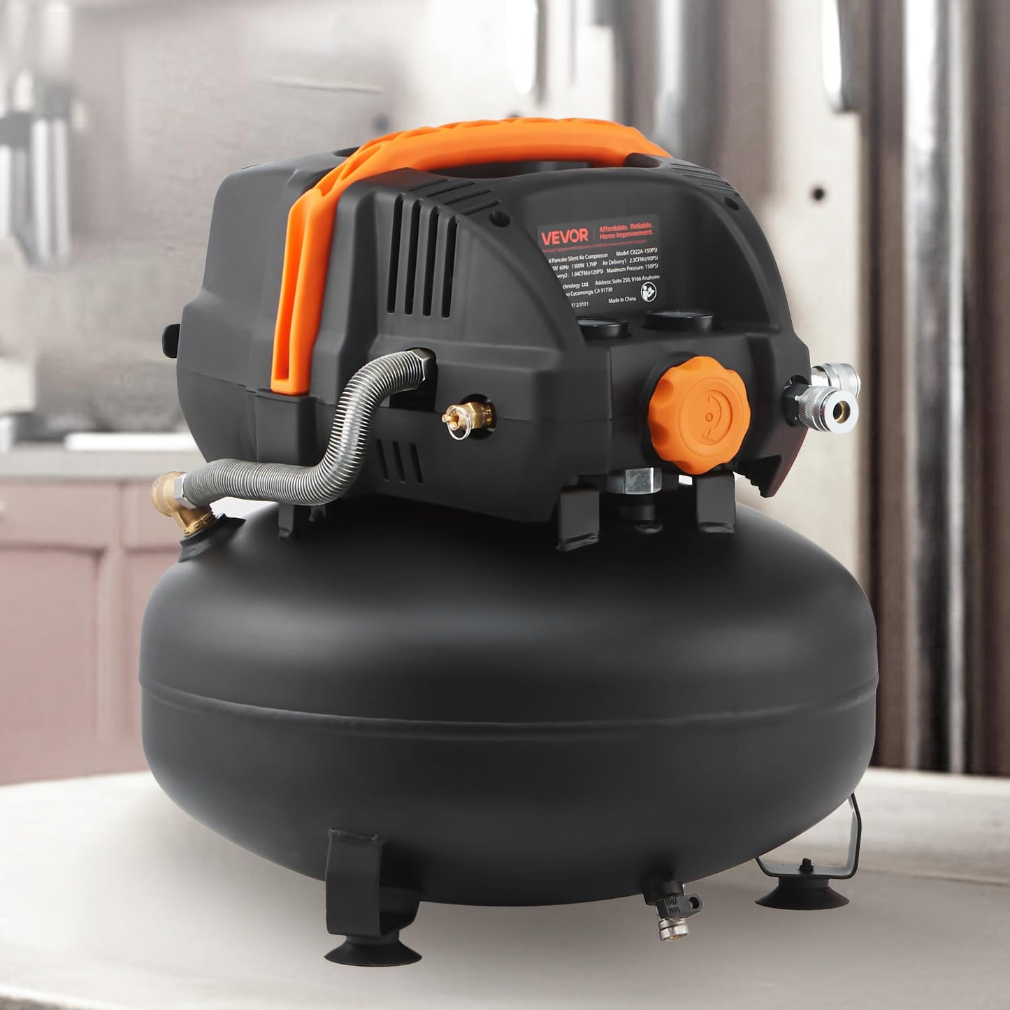 VEVOR 6 Gallon Air Compressor, 1.7HP 2.3CFM@90PSI Portable Pancake Air Compressor & 150PSI Max Pressure, 12-Piece Accessory Kit with 25FT Air Hose for Tire Inflation, Spray Painting, Woodwork Nailing
