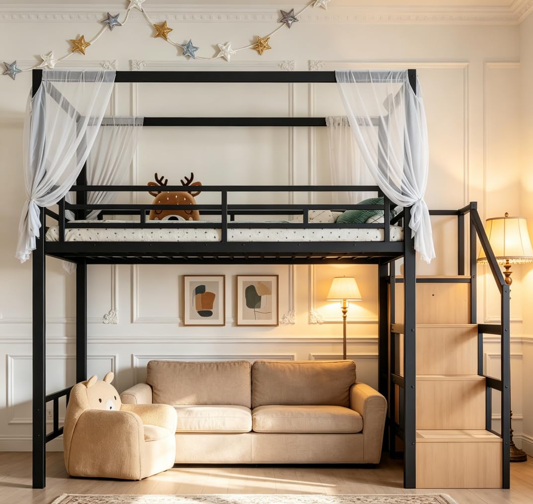 Bellemave Full loft Bed with Storage Stairs, Wardrobe, Canopy Support Pole, Metal Full Loft Bed Frame for Adults, Kids, Teens, Canopy can be Disassembled, Black+Natural Wood
