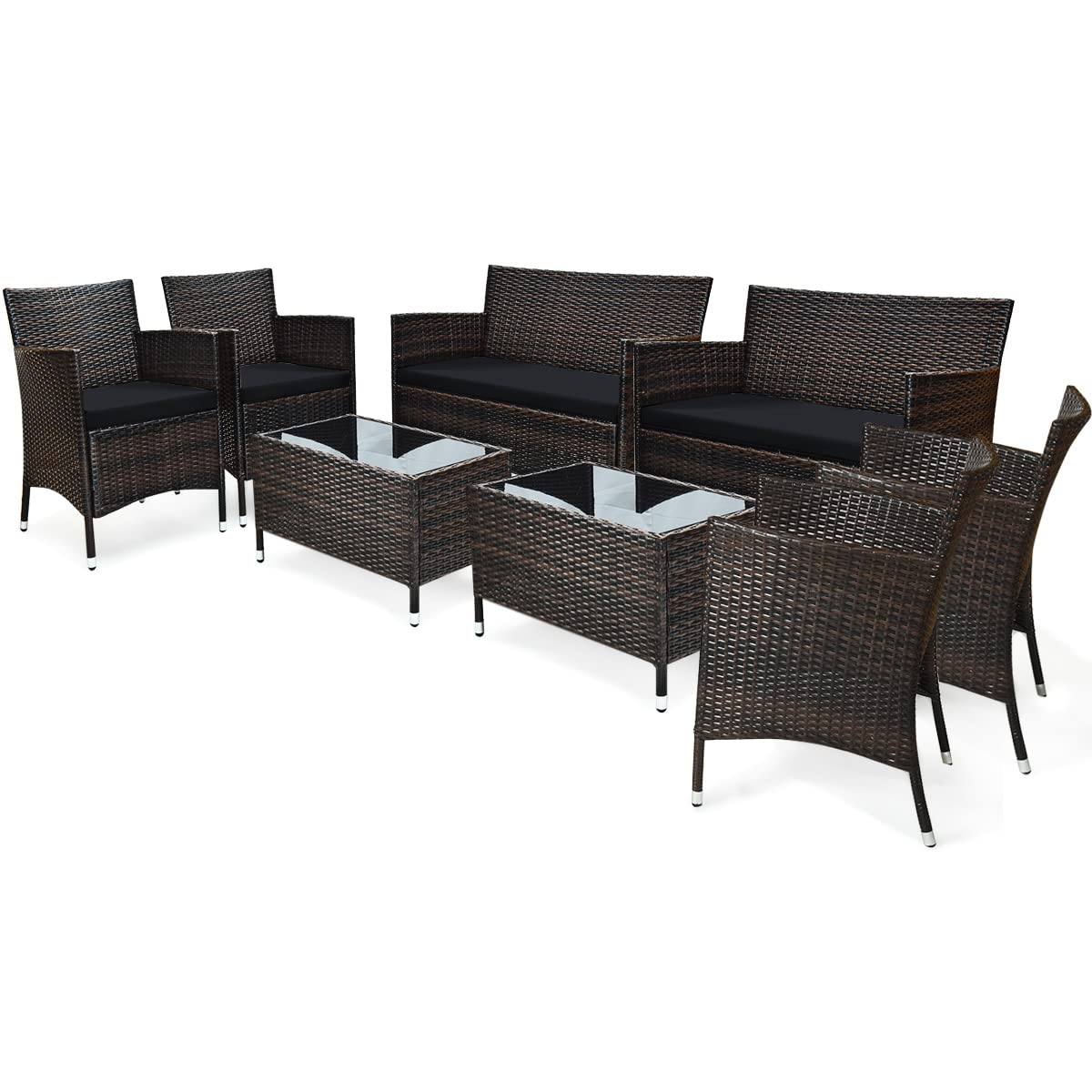 COSTWAY 8PCS Rattan Patio Furniture Set, Outdoor Wicker Rattan Chairs with Coffee Table, Rattan Cushioned Conversation Set for Backyard Balcony Porch Poolside, Black