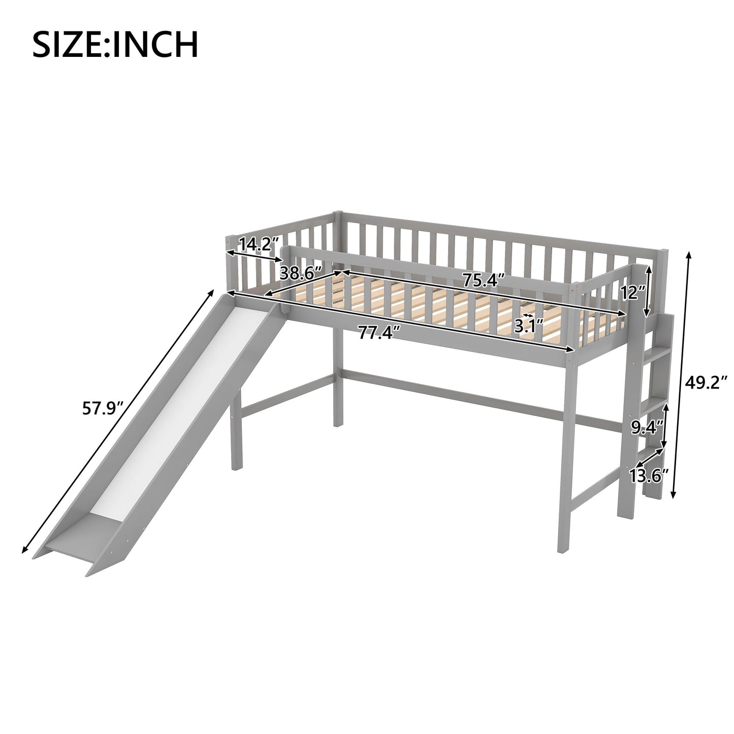 Bellemave Twin Size Low Loft Bed Frame with Slide,Kids Loft Bed with Ladder,Solid Wood Low Loft Bed Twin Size for Girls Boys,Gray