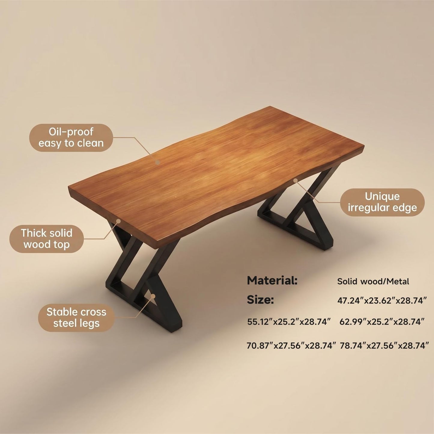 tiedingding 47" Solid Wood Dining Table, Rectangular Kitchen Table with Irregular Live Edge & Thick Tabletop, X-Shape Metal Legs, Oil Proof & Easy Clean, Rustic Brown， for 2-4 People