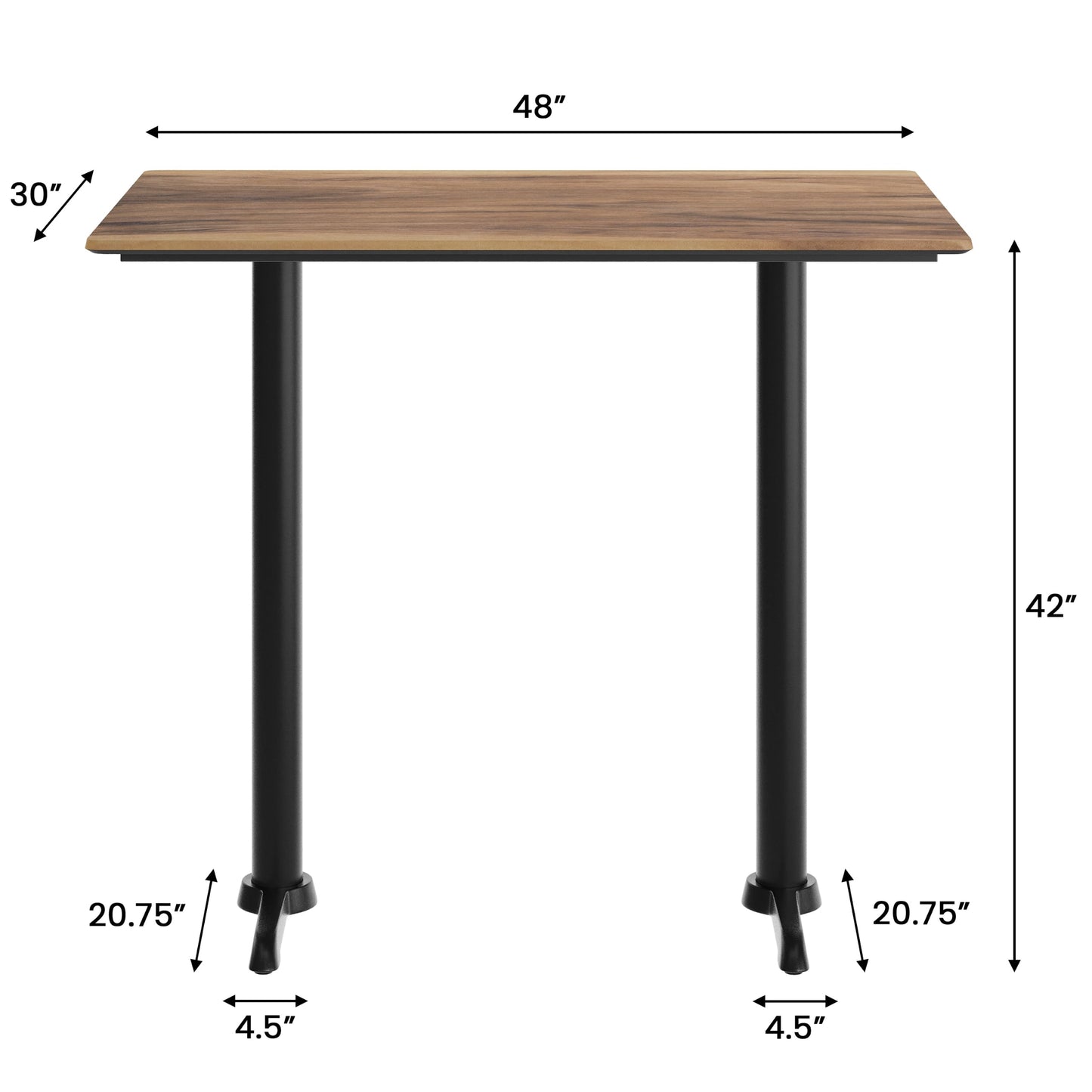 Flash Furniture TopGuard 48" x 30" Indoor Natural Tabletop with Dual 5" x 22" Black Bar Height T-Bases, Seamless TopGuard HPL Top and Edge