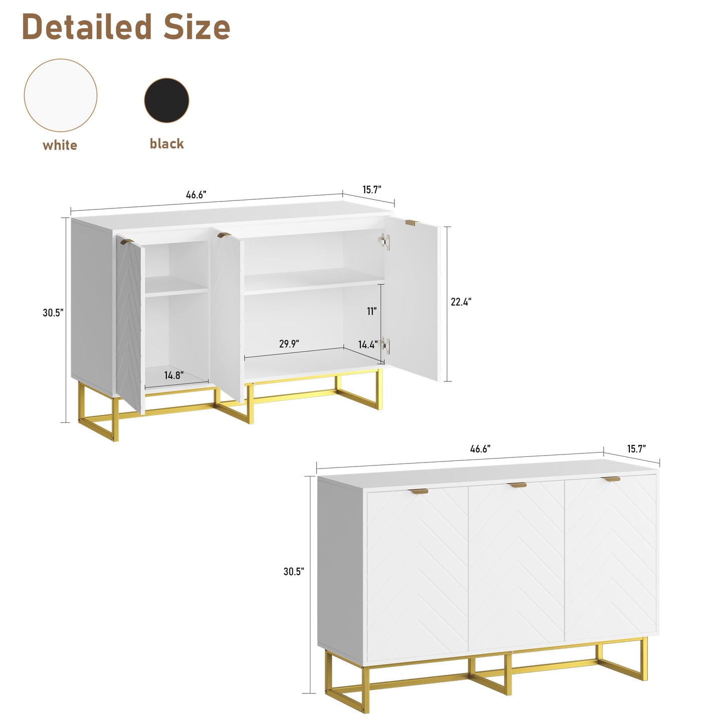 Garvee 47 in Modern Sideboard Buffet Cabinet with Storage, Wood Accent Storage Cabinet with Herringbone Doors & Shelf, Credenza Console Table for Dining Room Living Room Entryway, White