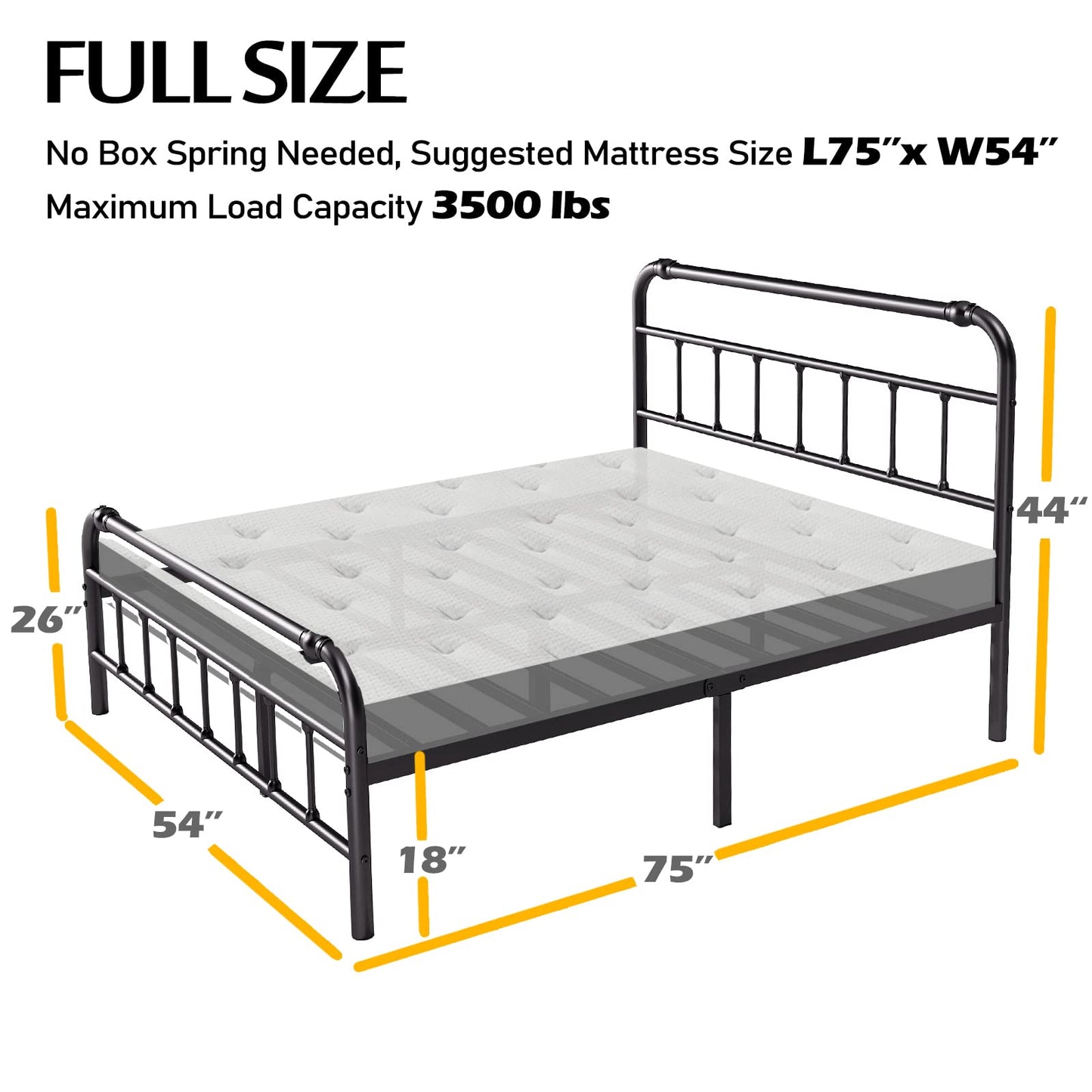 BOSRII Full Size Bed Frame with Headboard and Footboard, 18 Inches High, 3500 Pounds Heavy Duty Metal Slats Support for Mattress, No Box Spring Needed, Noise-Free, Black