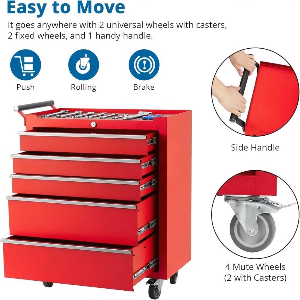 GarveeLife Red Rolling Tool Cabinet, 5-Drawer Tool Storage Cart with Wheels, Portable Tool Chest Organizer with Lock, Drawer Liners, Tool Cart for Garage or Workshop
