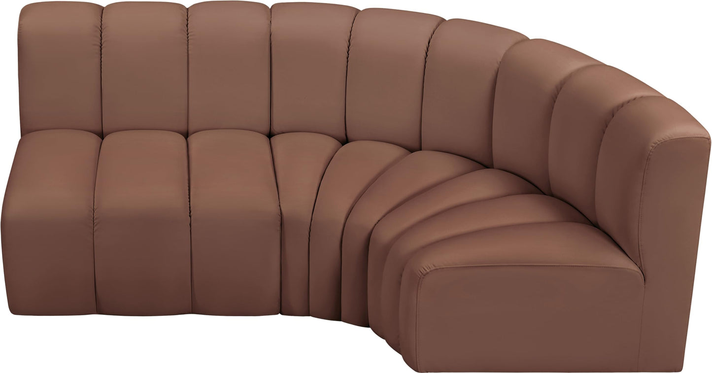 Meridian Furniture 101Cognac-S3A Arc Collection Modern | Contemporary Modular Sofa with Soft Cognac Vegan Leather, Deep Channel Tufting, Modular Design, 84" W x 39" D x 30" H, Cognac