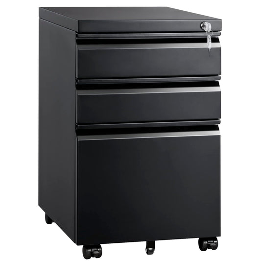 Mount-It! 3 Drawer File Cabinet with Lock and Wheels, Heavy-Duty Steel Rolling Drawer Cabinet, Fully Assembled Under Desk Filing Cabinet for Home Office Storage, 15.3" W x 19.75" D x 24.5" H, Black