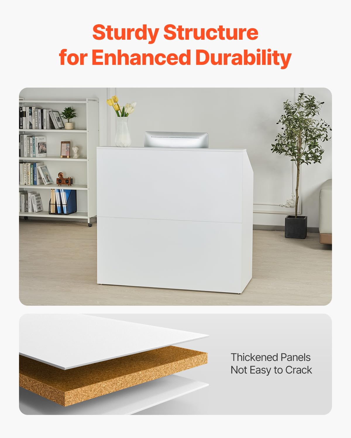 VEVOR Reception Desk, 46 Inch Rectangular Front Counter Table, Office Reception Desk, Retail Counter and Front Reception Counter, for Checkout, Lobby, Beauty Salon and Office, White