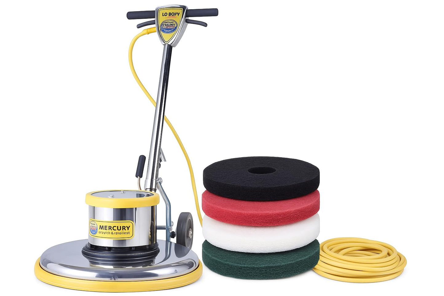 Mercury PRO21 PRO-175-21 Floor Machine bundle– 1.5 HP, 175 RPM, Chrome Floor Buffer with Starter set of (4) 20" Pads