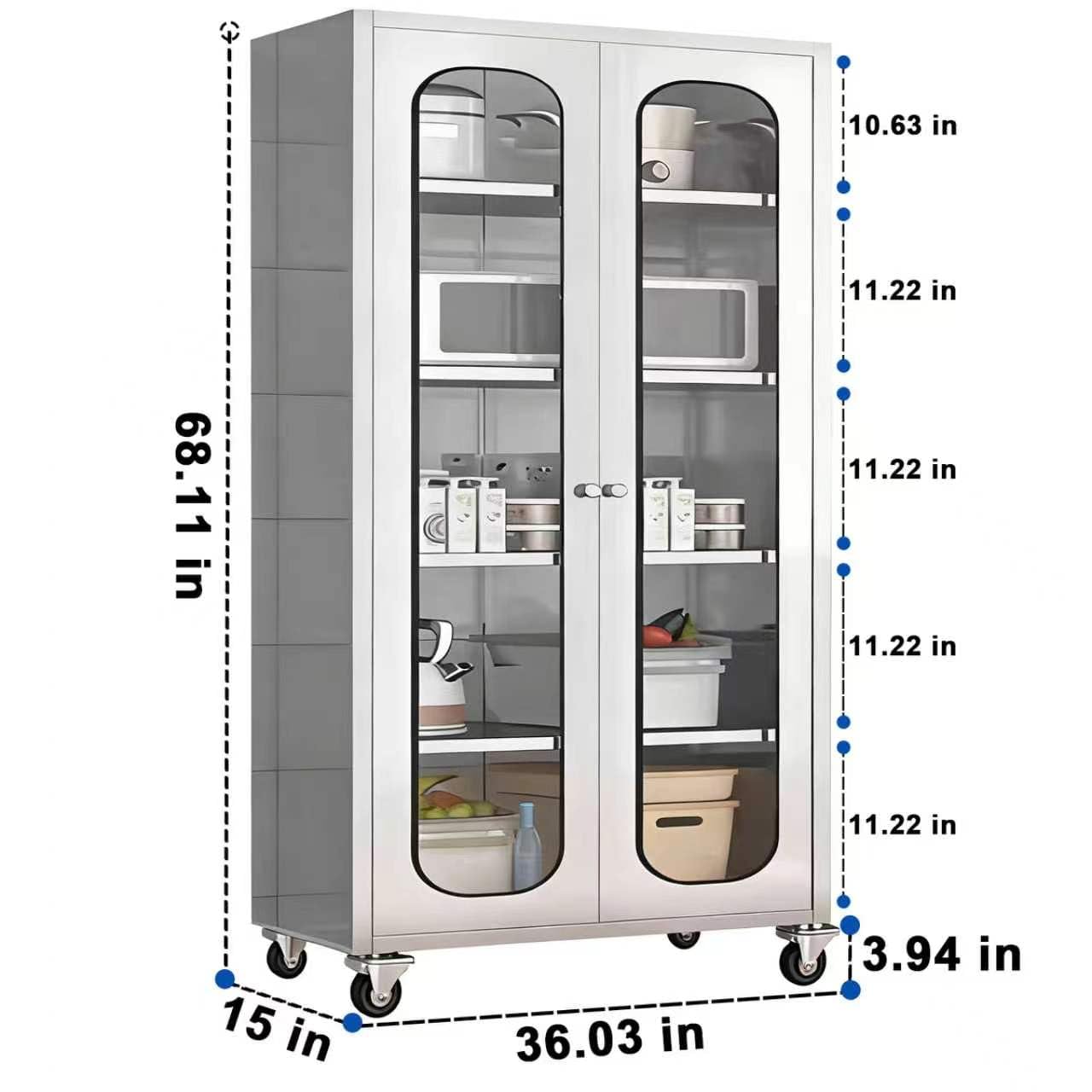 ZZV 68" Tall Stainless Steel Storage Cabinet with Wheels, Fully Assembled 5-Tier Kitchen Pantry Cabinet with Glass Doors for Garage, Utility Room, Laundry Room, Restaurant, Cafe, and Outdoor