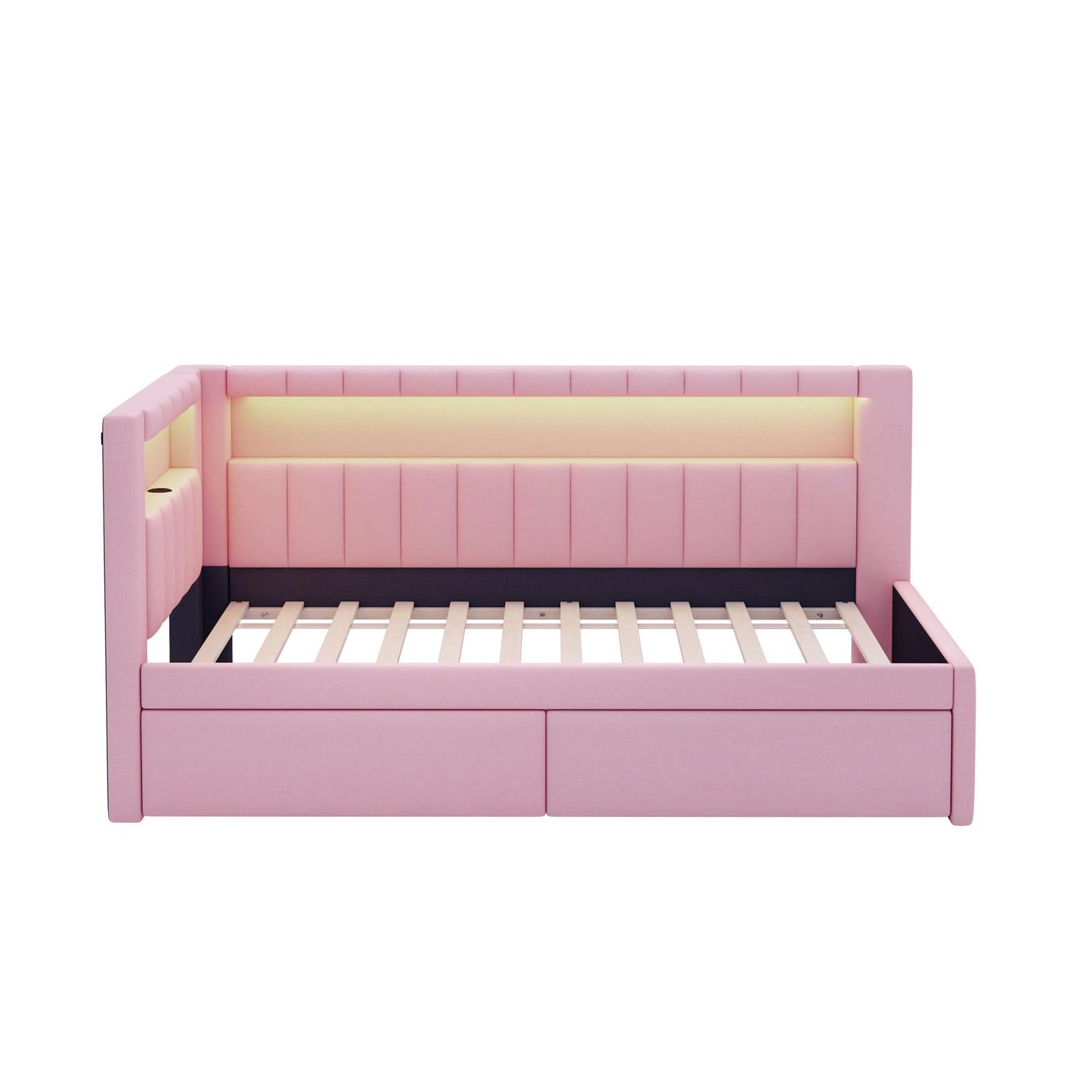 Merax Twin Size Modern Upholstered Platform Bed with USB Ports & Storage Drawers, Floor Sofa Daybed with Wood Slat Support, Storage Bed Frame with Headboard/Twin, Pink