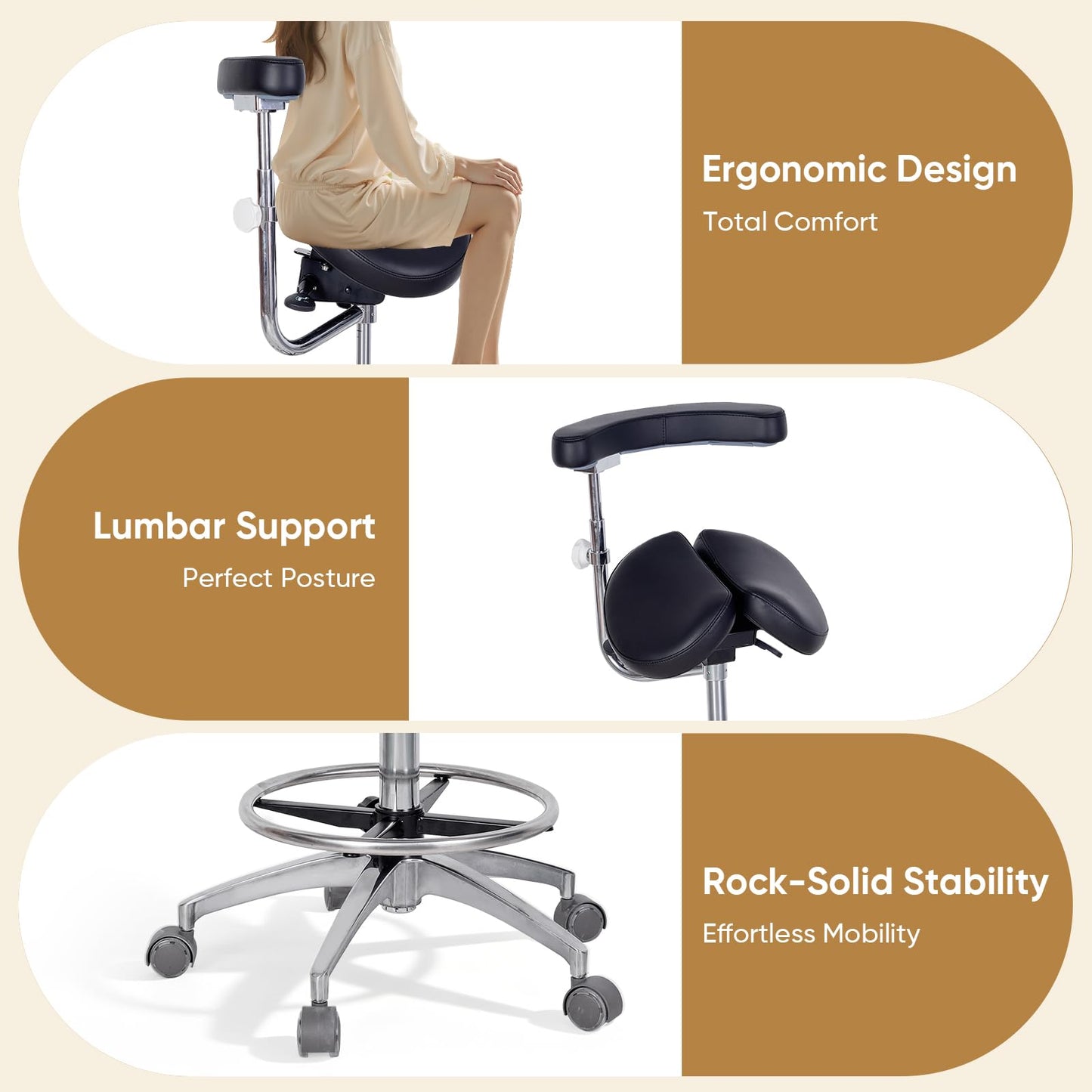 LIMKOMES Round Rolling Stool&Split Seats and Footrest Dental Chair with Rotatable Armrests for Dentist Office Shop Home