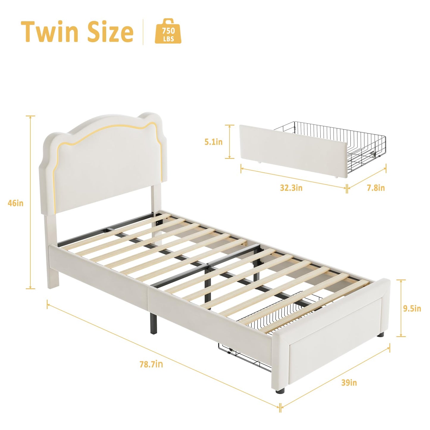 Garvee Twin Bed Frame with LED Upholstered Headboard and Storage Drawer, Kids Princess Velvet Platform Bed with Wooden Slats, No Box Spring Needed, Easy Assembly