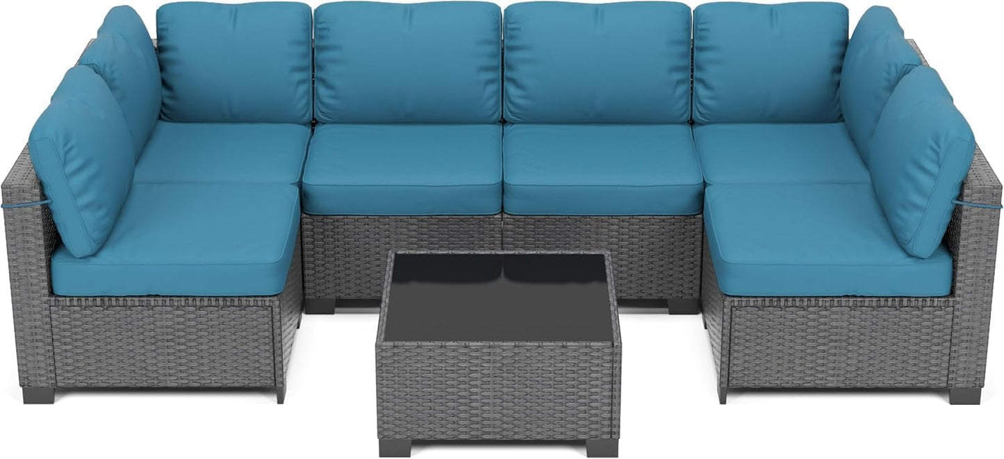 Patio Furniture Set, 7 Pieces Outdoor Sectional Sofa Set with Dining Table & Thickened Cushions, All-Weather PE Wicker Patio Furniture for Garden Lawn Deck, Dark Coffee & Peacock Blue