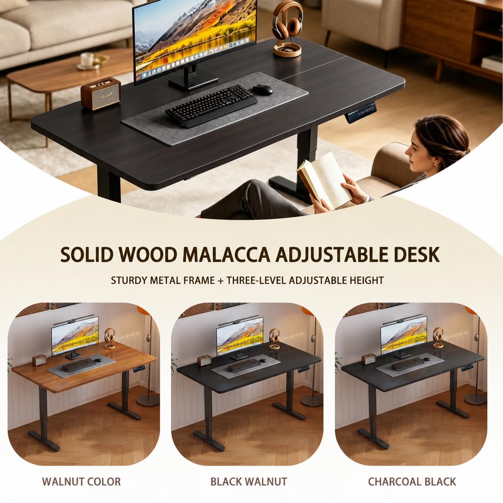 plyosdey 47.2" Electric Standing Desk, Malacca Solid Wood Material, Height Adjustable Computer Desk, 3 Memory Height Settings, Home Office Desk for Study and Gaming (Black Walnut Color, 47.2 * 23.6)