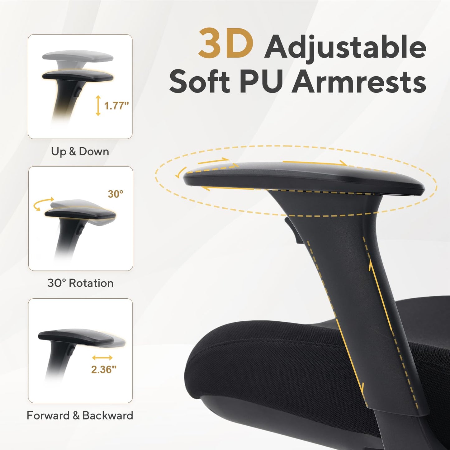 Nouhaus Fluido Ergonomic Office Chair, High Back Mesh Computer Chair w/Height Adjustable Lumbar Support, Backrest & Headrest, Dynamic Back Support, 3D Armrests, Home Office Desk Chairs Comfy (Black)