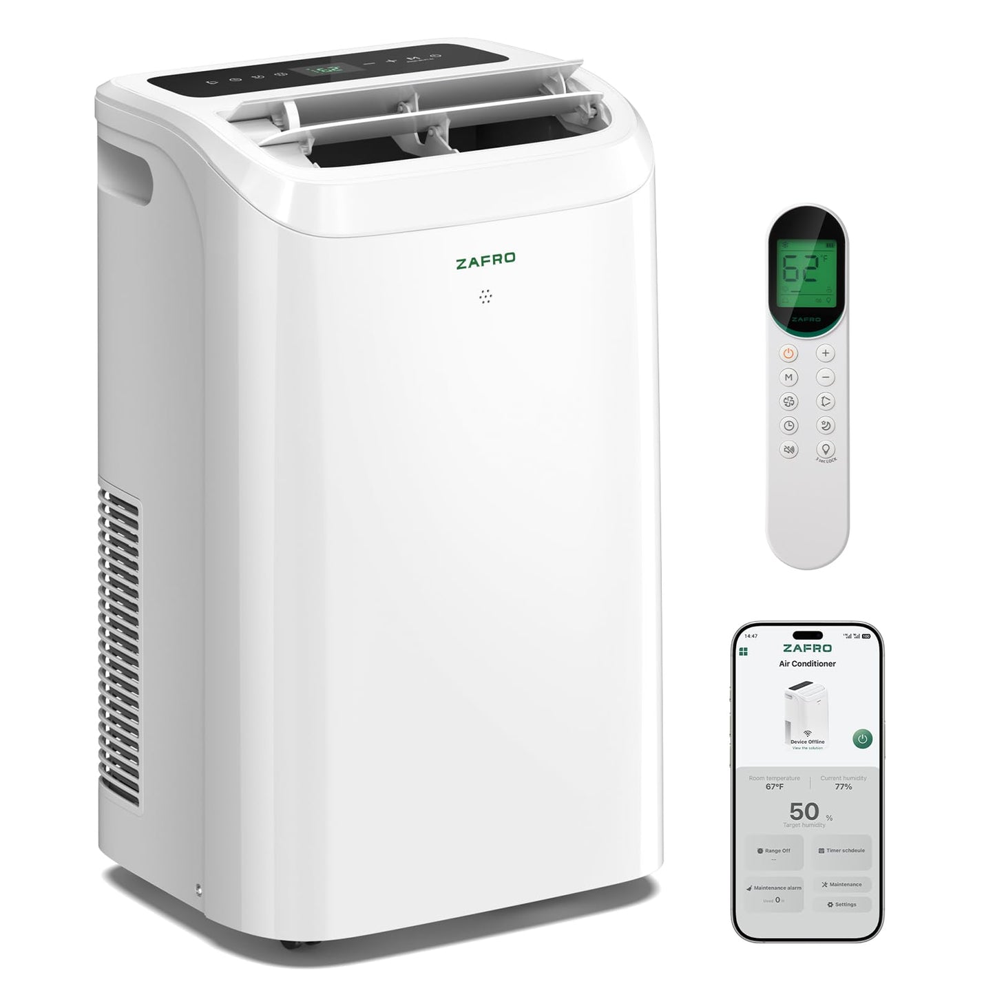 ZAFRO Portable Air Conditioner, 12050 BTU (8050 BTU SACC), Cools Rooms up to 500 Sq.Ft, Smart Portable AC Unit with Ultra-Quiet (44dB), Drainage-Free Cooling, Energy-Efficient, Easy Installation