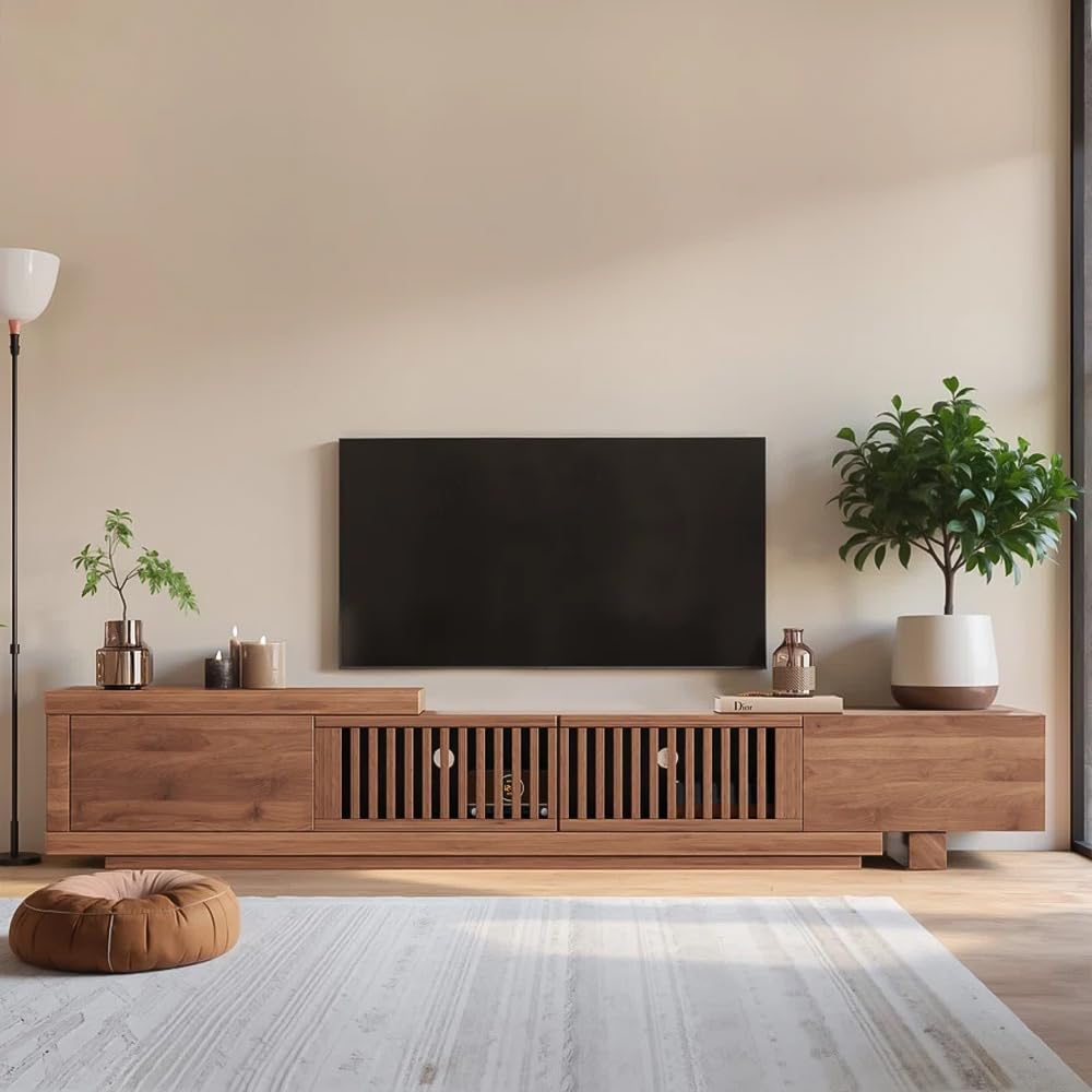 gaoyangjiaju 94.48" Mid Century Modern TV Stand for TVs up to 70"-90",Tv Console with 4 Storage Cabinets, Media Furniture for Living Room or Bedroom,Walnut (78.54“ to 103")