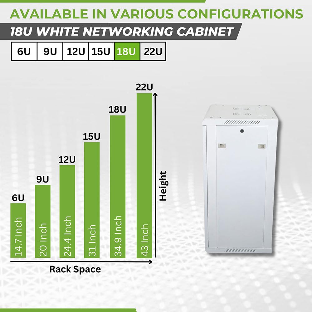 NavePoint 18U Network Cabinet with Glass Door – 18U Wall Mount Server Cabinet White 19” Rack for IT Equipment, AV Devices, Networking Equipment –17” Deep Server Rack Enclosure