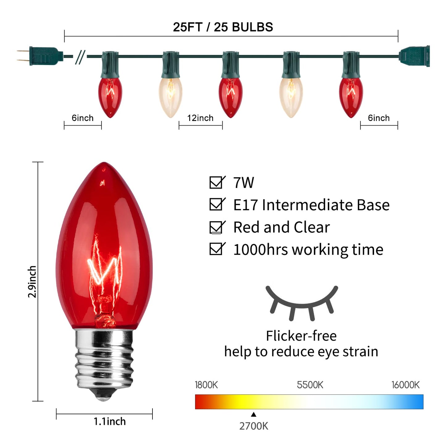 Minetom C9 Christmas String Lights, 25FT, 25 Bulbs, Red & Clear, Outdoor Lighting for Tree, Patio, Gazebo, Wreath