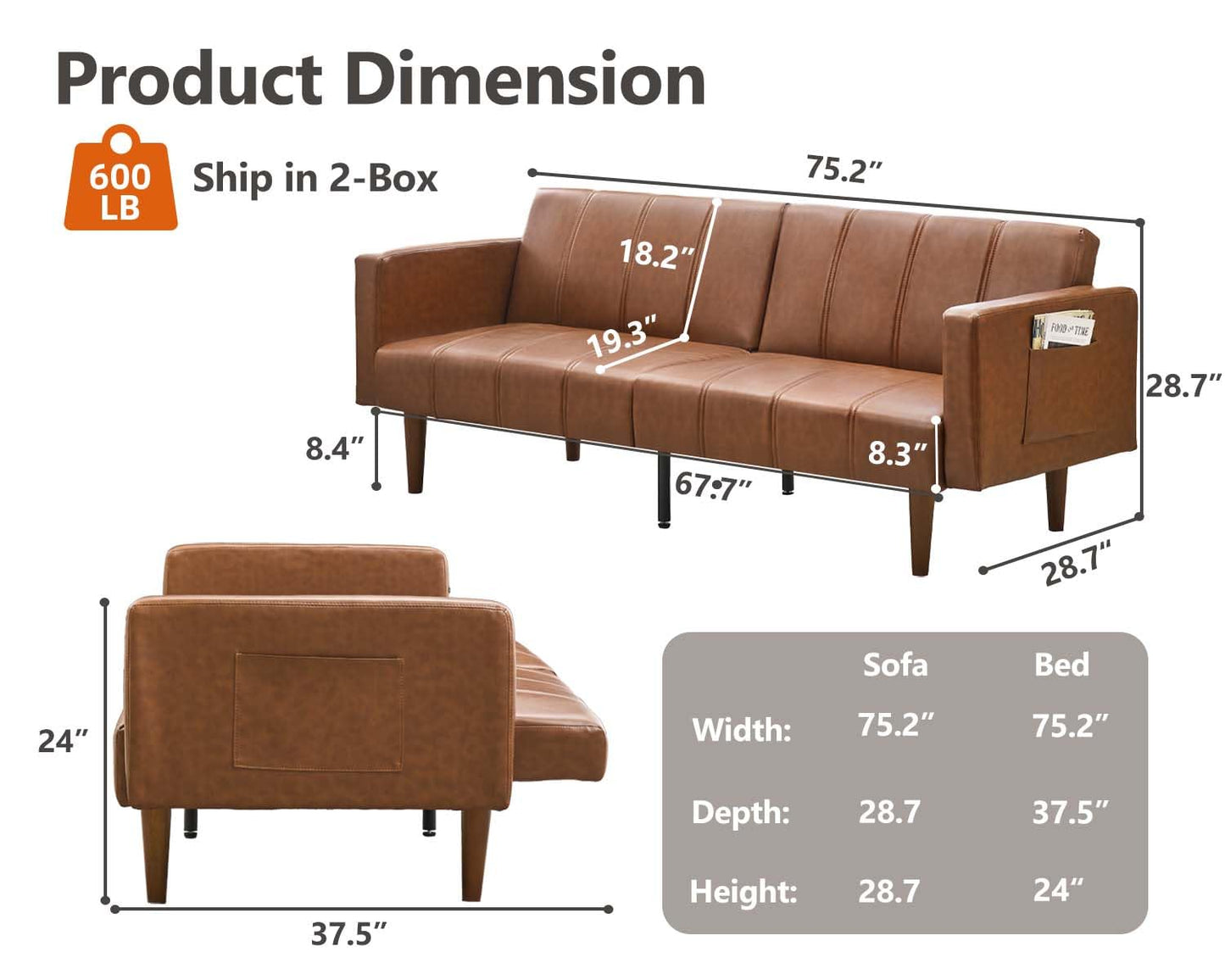GarveeHome 75 in Futon Sofa Bed Mid-Century Futon Couch, PU Leathe Convertible Sleeper Couch with Adjustable Backrest, Loveseat and Side Pockets for Living Room & Bedroom (Brown)