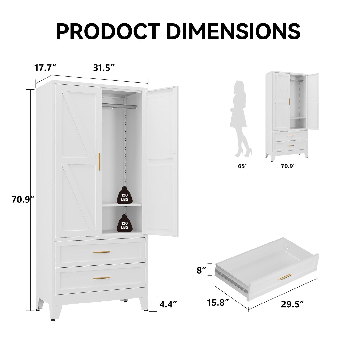 COFaR 71" Metal Wardrobe Closet with 2 Drawers & Hanging Rod, Freestanding Armoire Storage Cabinet with Adjustable Shelf and 2 Doors, White Steel Closet Organizer for Bedroom