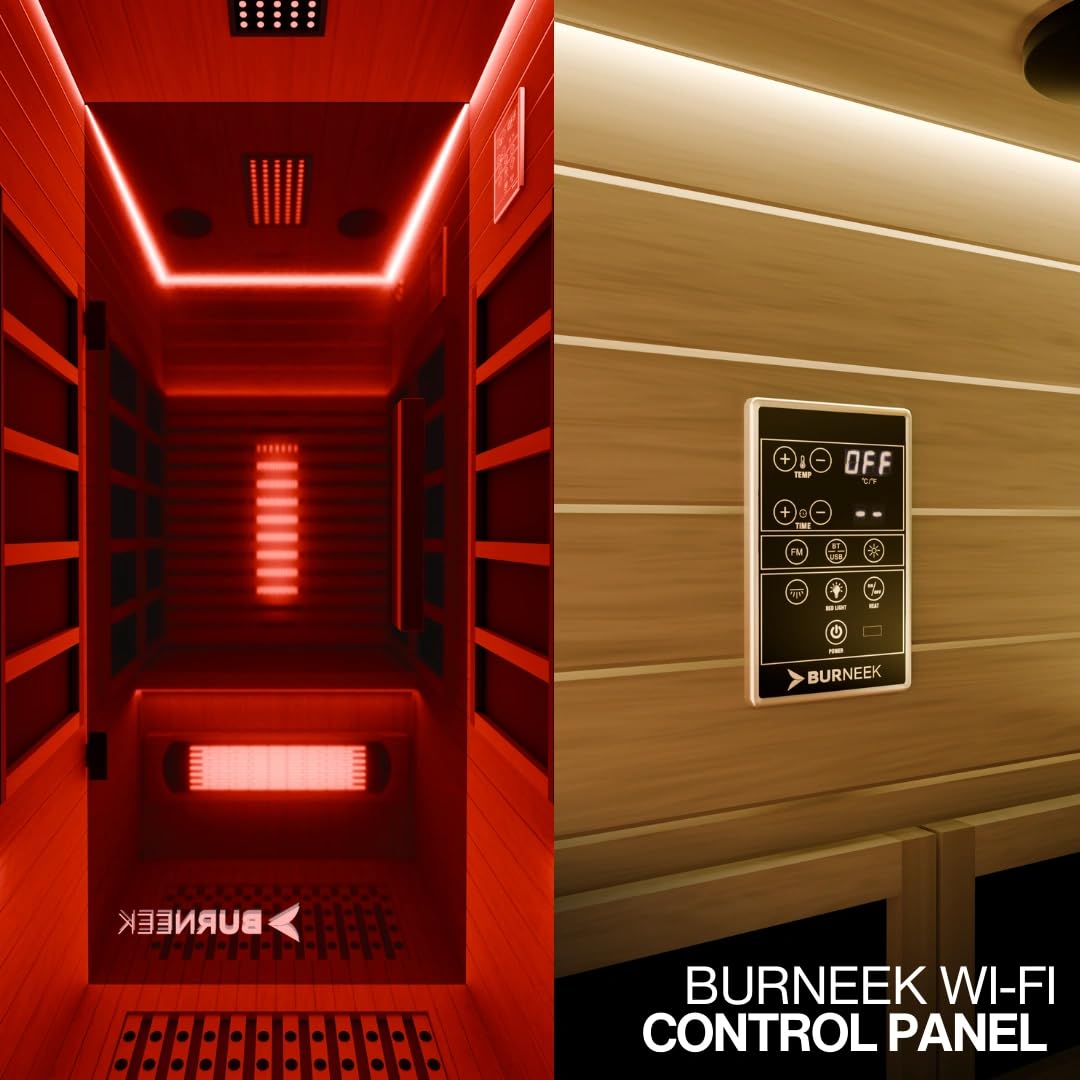 Burneek Infrared Sauna - Sauna Box for Home Sauna with Quartz Heaters, Low EMF, Chromotherapy, Bluetooth Speakers - Red Light Sauna for Relaxation & Wellness, Infrared Sauna with Red Light Therapy