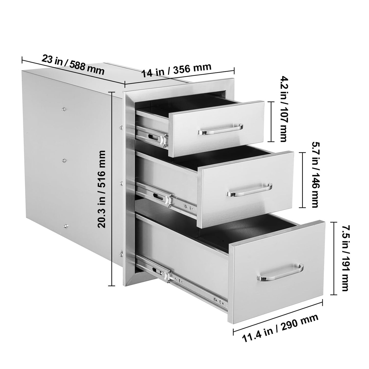 VEVOR 14x20.3 Inch Outdoor Kitchen Drawers Stainless Steel, Flush Mount Triple Drawers, 14W x 20.3H x 23D Inch, with Stainless Steel Handle, Outdoor Kitchens or BBQ Island