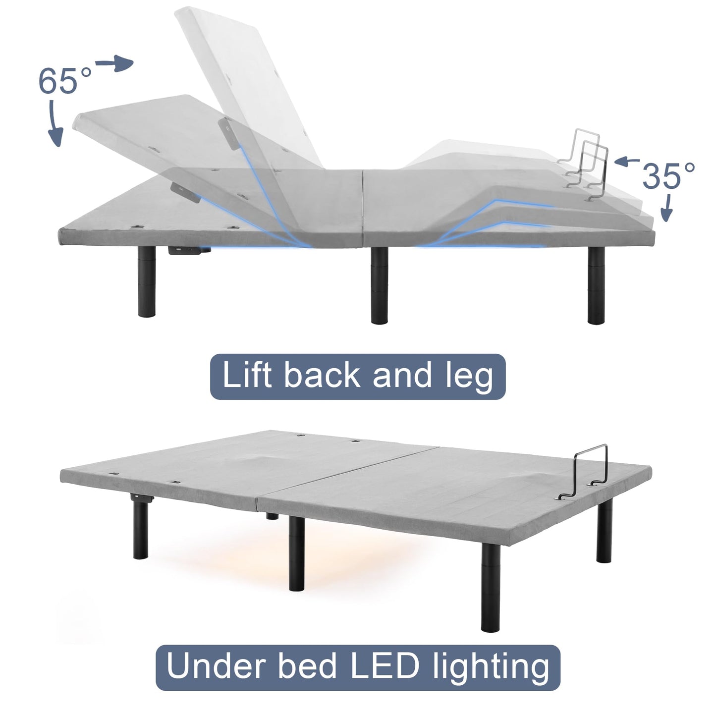 Fromann Adjustable Electric Full Bed Base Frame with Massage, USB Type-C Ports, Zero Gravity, Under Bed Led Lighting and Three Leg Height (Grey)