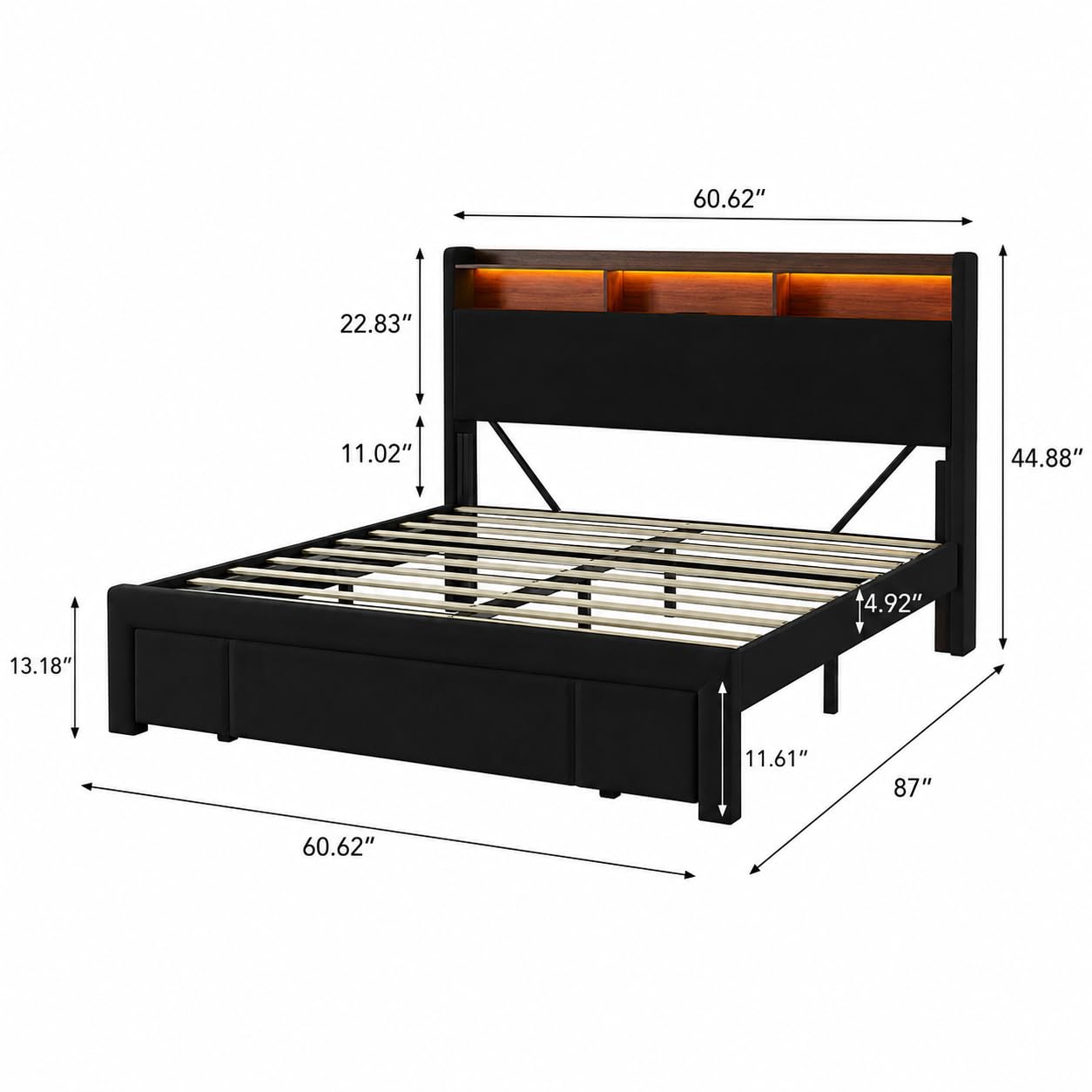 KEIKI Queen Size Upholstered Platform Bed Frame with Storage Headboard and Drawers, LED Bed Frame with Charging Station, Corduroy Mattress Foundation with Silent Slats, No Box Spring Needed
