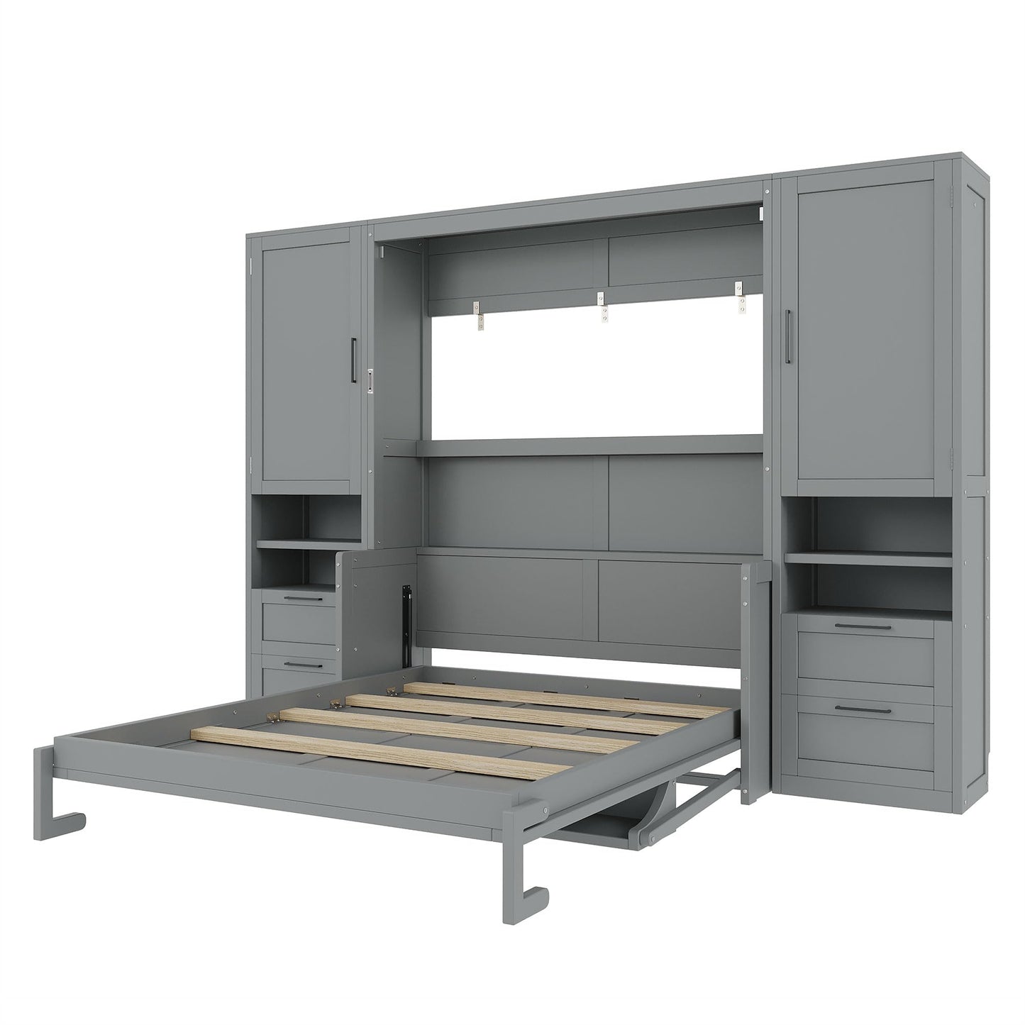 Merax Queen Size Murphy Bed with Desk, Multifunctional Foldable Wall Bed with Closet, Drawers and Shelves, Space-Saving Wood Platform Bed Frame for Small Spaces Studio Study Office Guest Room, Gray