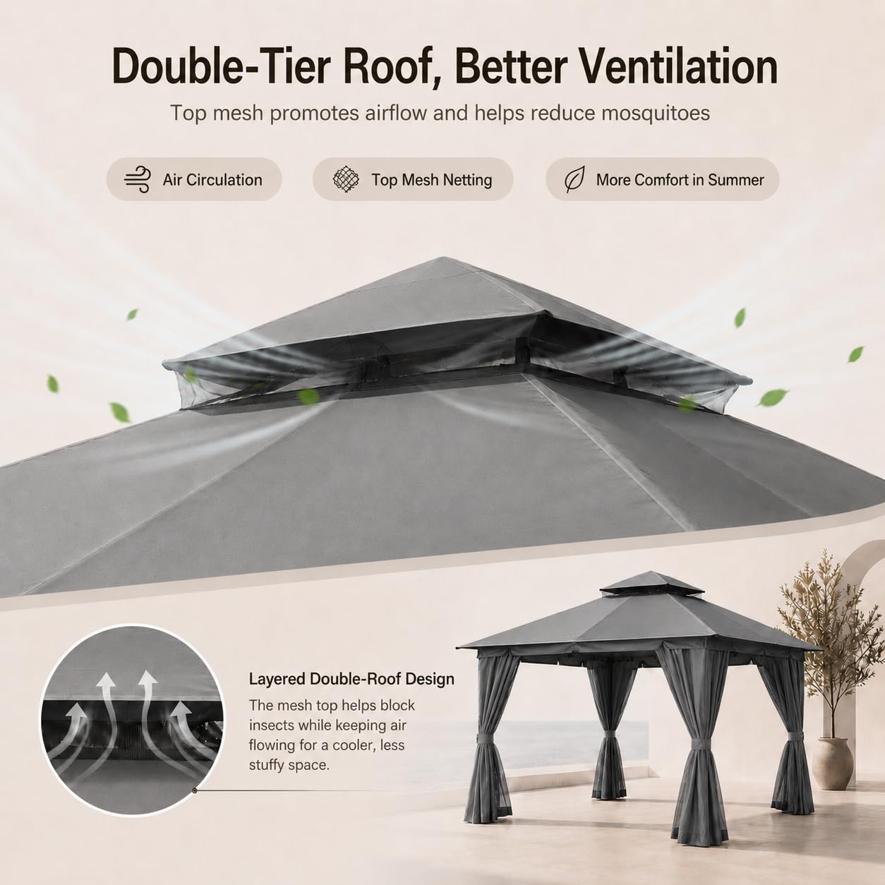 Kingdura 10'x10' Outdoor Gazebo, Heavy Duty Metal Patio Canopy Tent Shelter with Double Roof, Mosquito Netting & Privacy Curtains for Backyard, Garden, Deck, Lawn, Grey