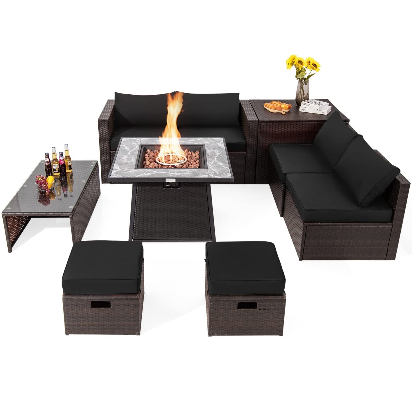 Tangkula 9 Pieces Outdoor Patio Furniture Set with 35-Inch Propane Fire Pit Table, Outdoor PE Wicker Sectional Sofa Set with Storage Box and Cushions, 50,000 BTU Gas Fire Pit Table (Black)