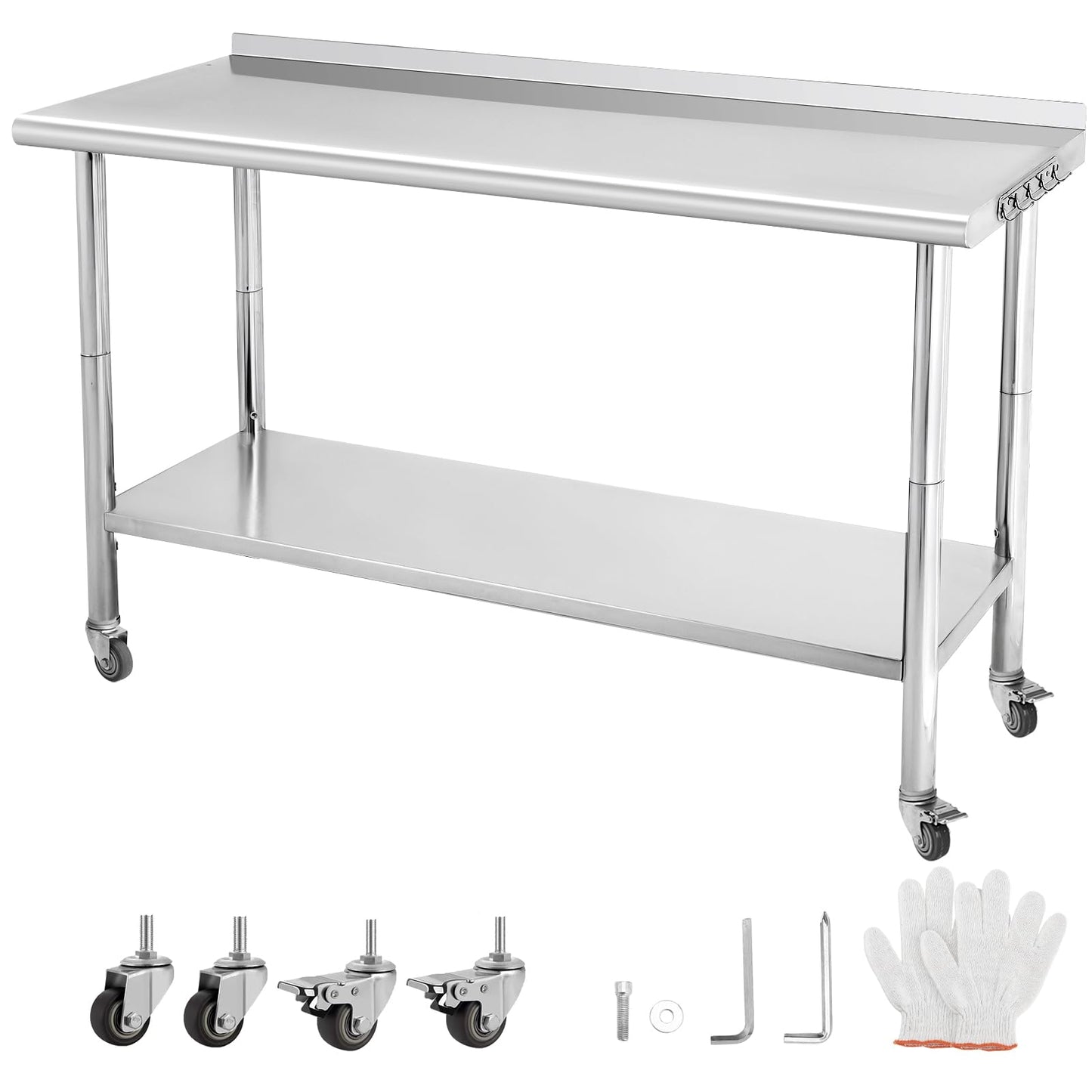 NSF Stainless Steel Table for Prep & Work, 60 x 24 Inches with Caster Wheels, NSF Commercial Heavy Duty Table with Undershelf and Hooks for Restaurant, Home and Hotel