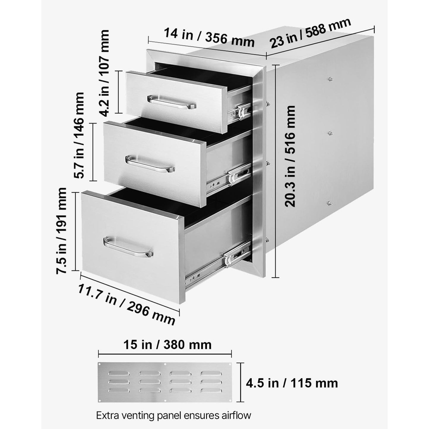 VEVOR 14x20.3 Inch Outdoor Kitchen Drawers Stainless Steel, Flush Mount Triple Drawers, 14W x 20.3H x 23D Inch, with Stainless Steel Handle, Outdoor Kitchens or BBQ Island