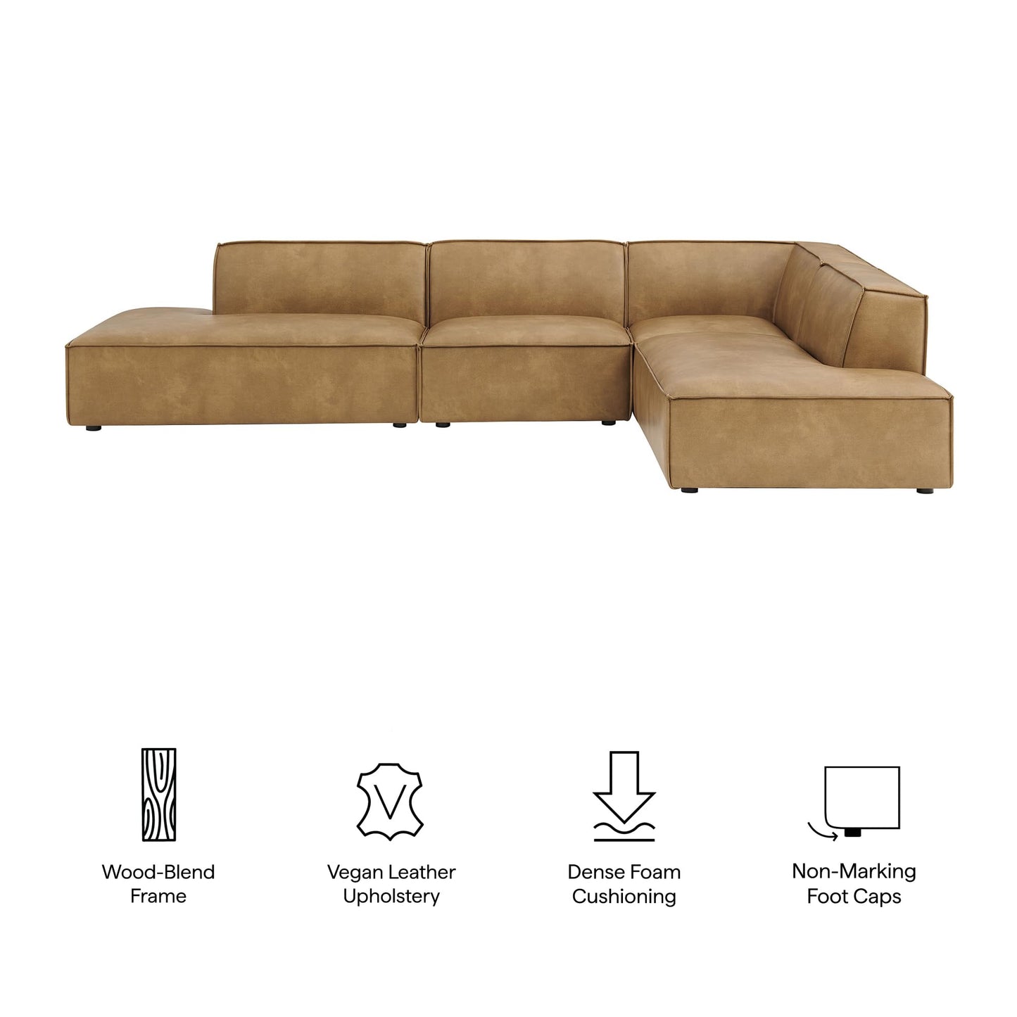 Modway Restore Faux Leather 4-Piece Modular L-Shaped Armless Sectional Sofa in Toast – Low Profile Vegan Leather Couch with Coil Seat Support and French Piping