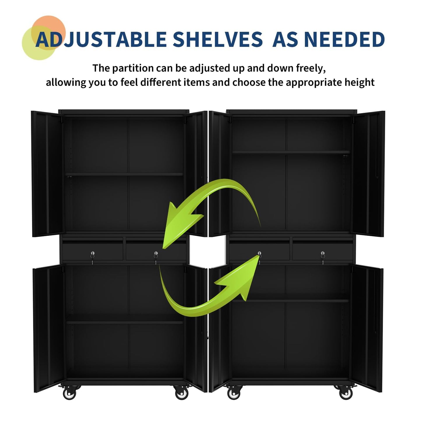 GarveeHome 72" Metal Storage Cabinet with Wheels, Locking Doors & 2 Drawers,Heavy Duty Rolling Garage Organizer with 2 Adjustable Shelves (with Wheels, with 2 Draws)