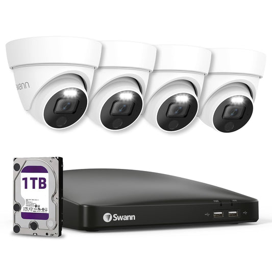 Swann 4K UHD Wired Security Camera System, 8 Channel DVR, 4 Outdoor Dome Cameras, Person & Vehicle Detection, Color Night Vision, 1TB Hard Drive, 24/7 Continuous Recording, Weatherproof,8588041D1TB