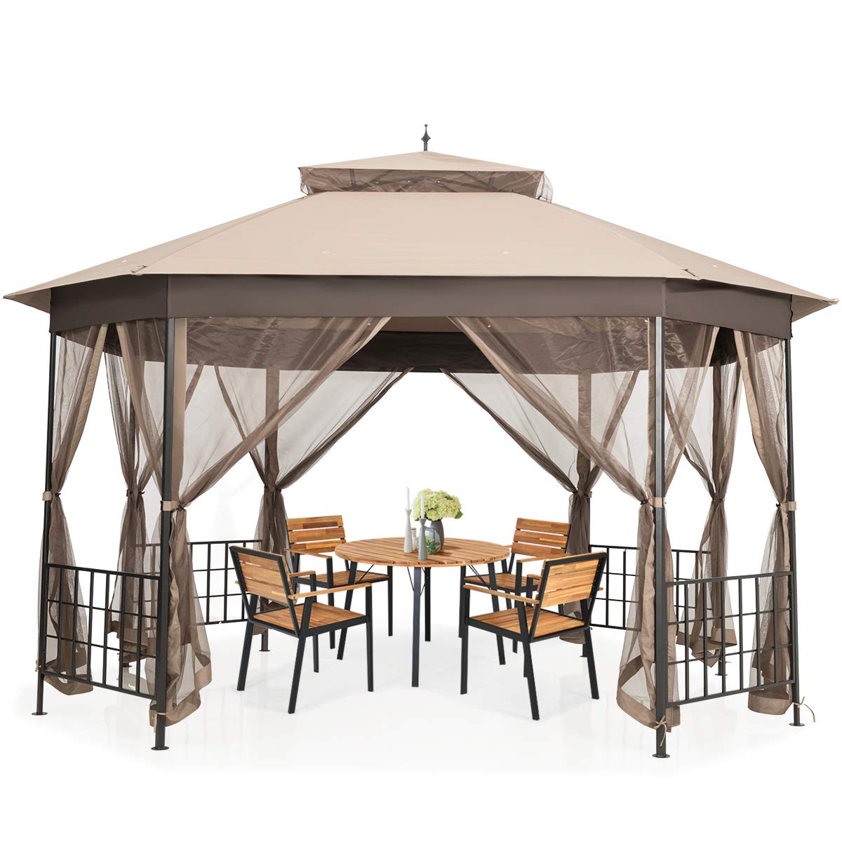 Tangkula 10 x 12 Ft Patio Gazebo, Heavy Duty Octagonal Canopy with Netting Sidewalls & Sturdy Steel Frame, Double Roof Vented Shelter for Backyard Event Party BBQ (Brown)