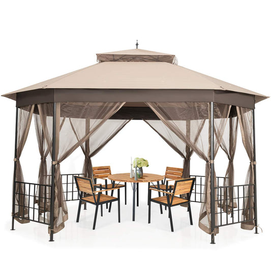 Tangkula 10 x 12 Ft Patio Gazebo, Heavy Duty Octagonal Canopy with Netting Sidewalls & Sturdy Steel Frame, Double Roof Vented Shelter for Backyard Event Party BBQ (Brown)