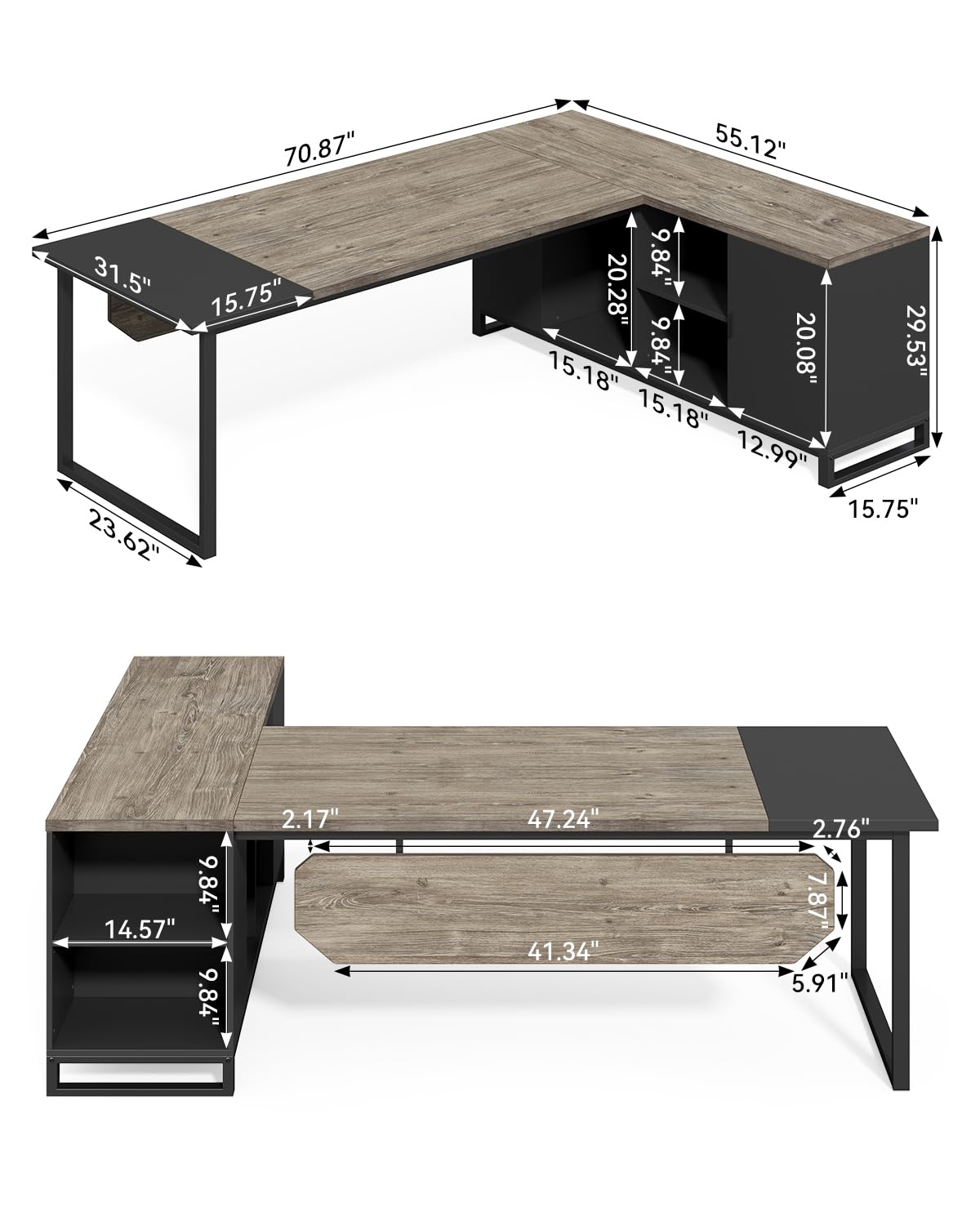 LITTLE TREE 70.8 Inches Executive Desk and 55 Inches File Cabinet Combo, Large L Shaped Computer Desk with Storage Cabinet and Shelves, Modern Business Furniture for Home Office, Grey & Black