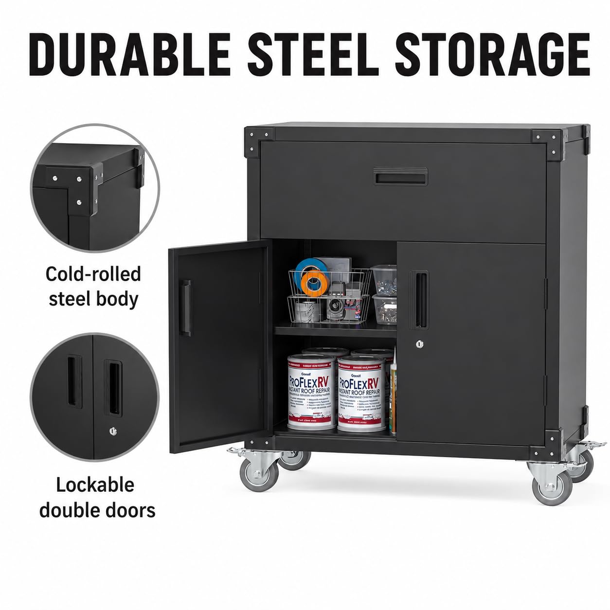 EliteEdge 31" Metal Storage Cabinet with Drawers and Wheels, Lockable Rolling Tool Cabinet, Heavy Duty Steel Utility Cabinet for Garage Workshop, Adjustable Shelf, Locking Wheels, Black