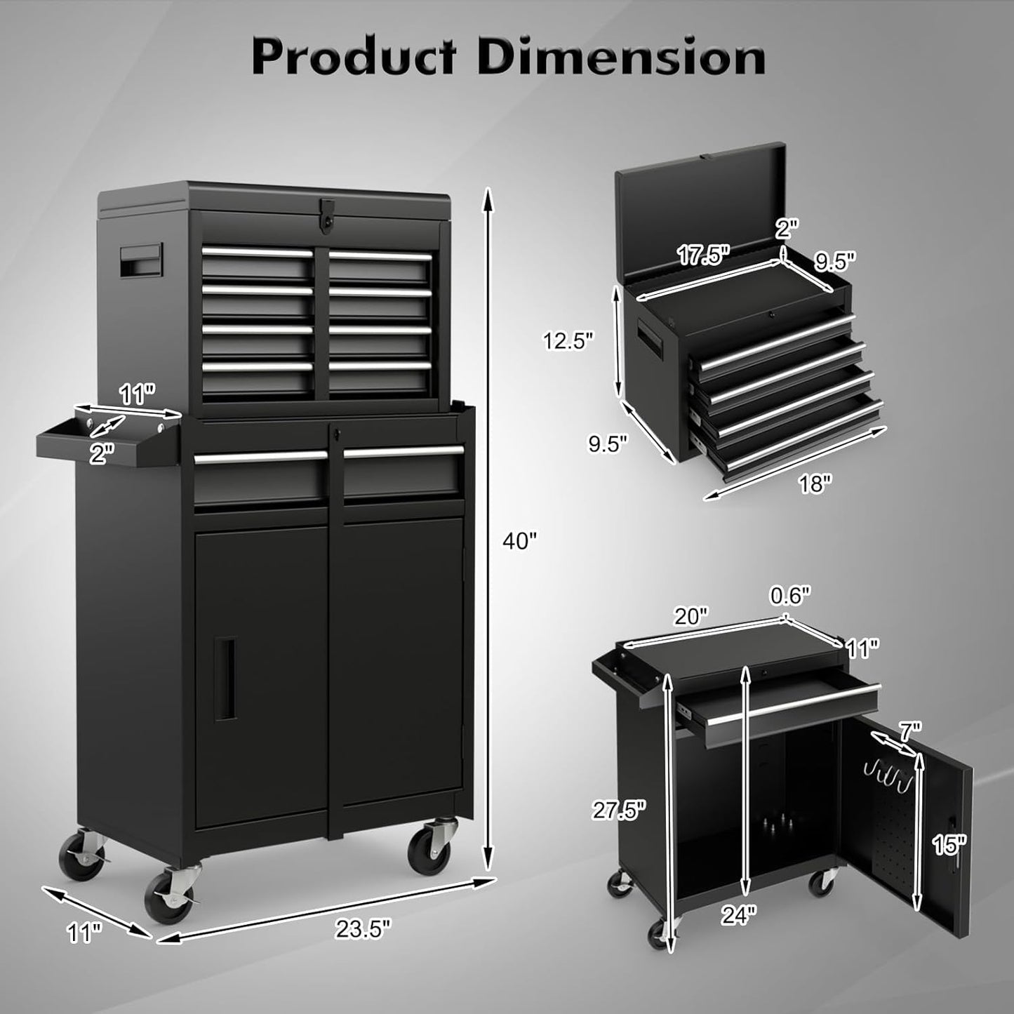 HOMGX 5-Drawer Tool Combination Cabinet, Rolling Toolbox w/Detachable Top & Adjustable Shelf, Lockable Wheels & Sliding Drawers, Large Capacity Tool Storage Cabinet for Garage Workshops (Black)