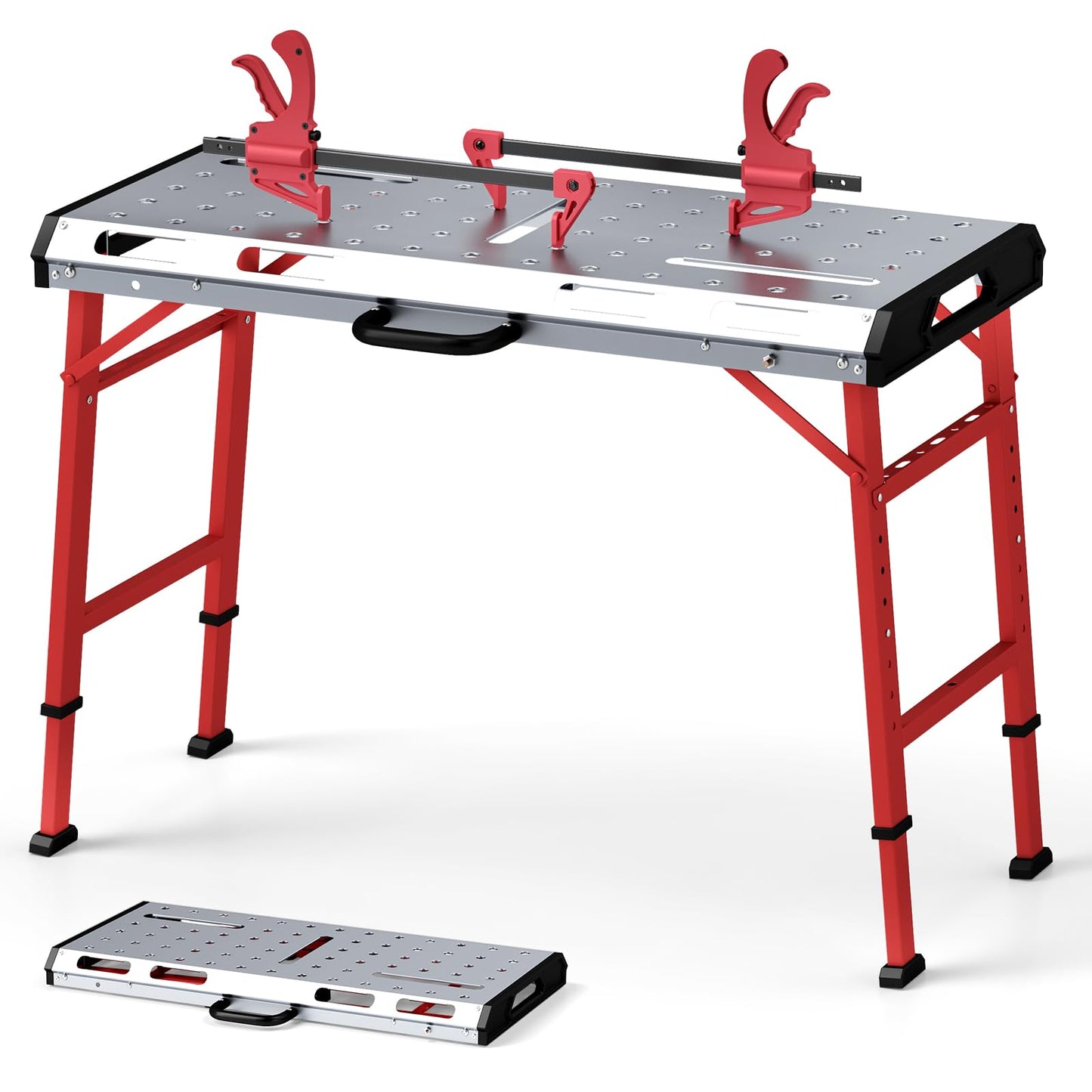 Goplus Portable Welding Table, 42" x 21" Folding Height Adjustable Weld Table Top w/1000LBS Capacity, 2 Bar Clamps, 8 Tool Slots, Handle, 0.7” Holes, Heavy-Duty Workbench Fixture Table for Garage