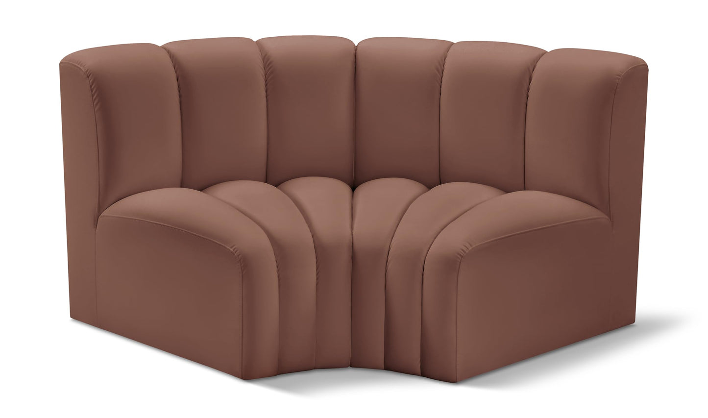 Meridian Furniture 101Cognac-S2B Arc Collection Modern | Contemporary Modular Sofa with Soft Cognac Vegan Leather, Deep Channel Tufting, Modular Design, 60" W x 33" D x 30" H, Cognac
