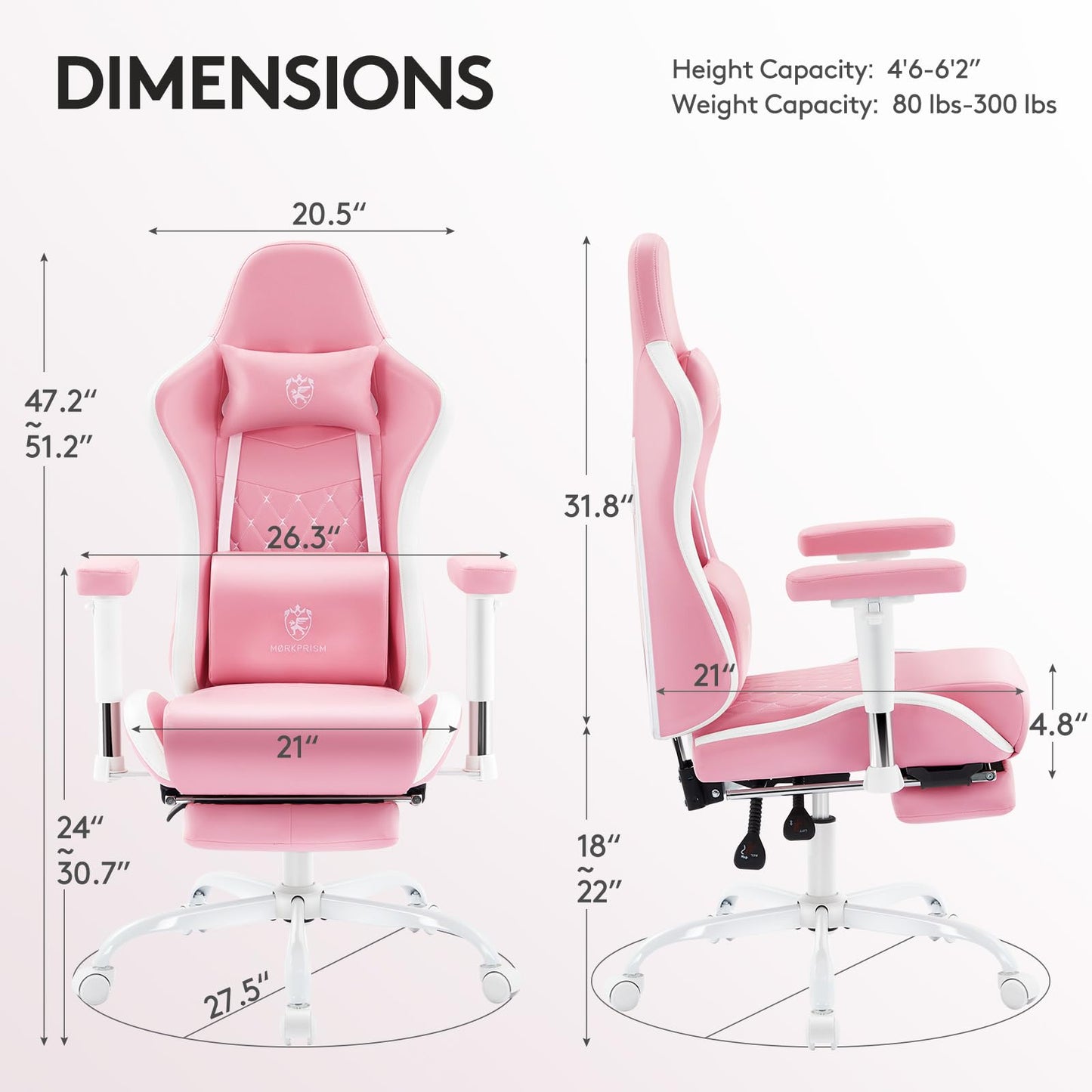 Morkprism Gaming Chair,Computer Office Chair with Footrest,Massage Lumbar Support and Gel Pad,Ergonomic Reclining Leather Gamer Chair with Headrest,Adjustable Armrests and Spring Cushion Pink